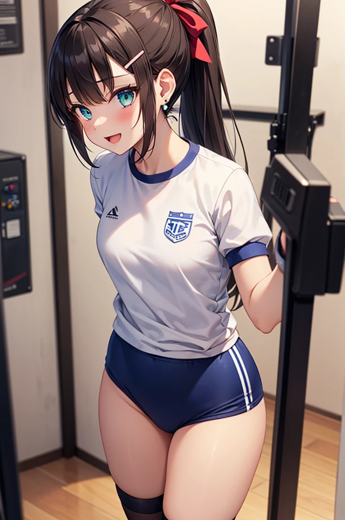 very cute and beautiful girl,(highly detailed beautiful face and eyes),(smile:1.2),happy,looking at viewer, (japanese ladies gym uniform),(blue bloomers),standing,arms behind back,detailed legs, locker room in training gym,black hair,hair band, (best quality,masterpiece),absurdres,highres,ultra-detailed,extremely detailed,32k,8k resolution, intricate details,cinematic scene,detailed background,solo,dynamic angle,
