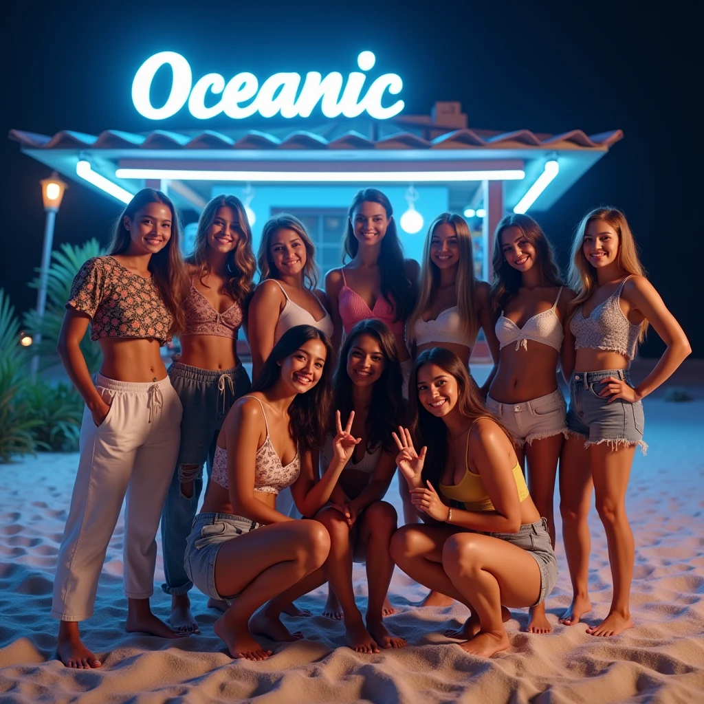 7 girls, partying, Kavos, Corfu, 2 blonde, 5 brunette, sexy summer dresses, beach party, beautiful jewelry, happy vibes, evening atmosphere, colorful clothes, perfect bodies, perfect pose, perfect smile, perfect hair, Kavos nightclub background