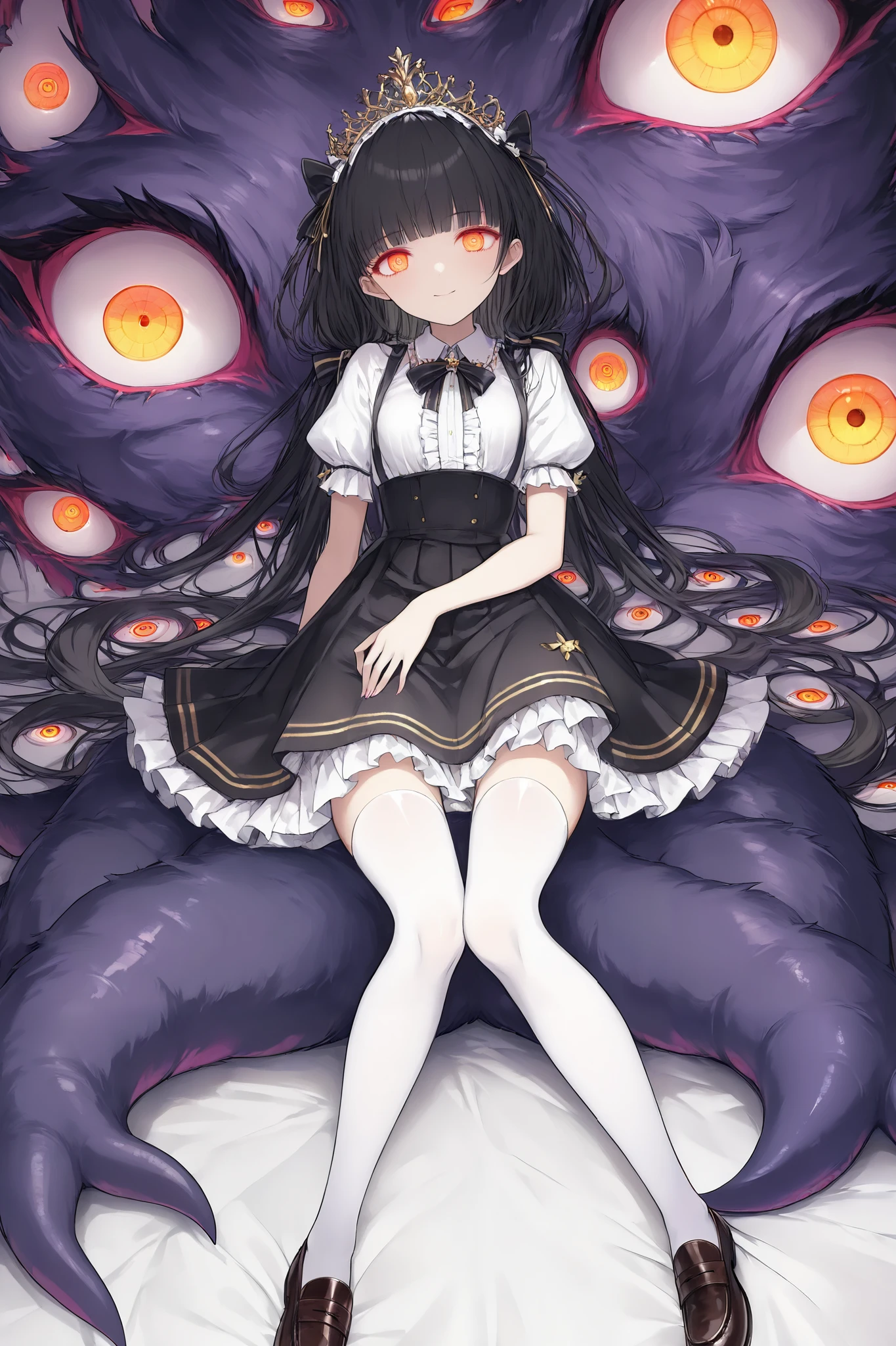 incredibly absurdres, wallpaper, artbook, stars, butterfly, , 2 no humans, queen, black hair, blunt bangs, orange eyes, pink eyeshadow, glowing eyes, small breasts, white silk stocking, Skirt, loliashion, collared shirt , loafers, stockings, seductive smile, stare, Stand, head tilt,(((( A monster with countless eyes lying at its feet)))),