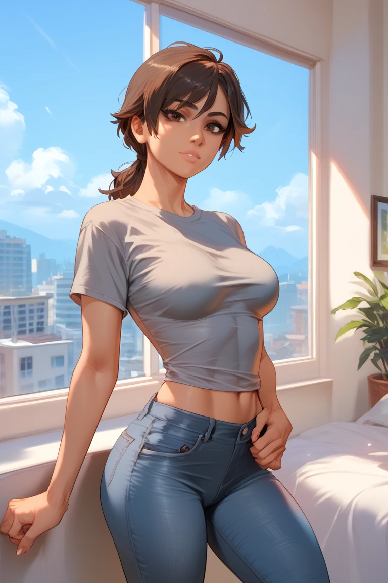 Hyper realistic super detailed sexy woman, Une fille confiante, NSFW (en anglais seulement) (en anglais seulement), Very detailed, expressions faciales sexy, seductive facial expressions, [:(Face detail: 1.4): 0.4], 16K resolution, 4k resolution, dinamic lighting, High definition resolution, (sexy pose, Position attrayante), (hyper realistic: 1.4), (back light: 1.2), (sun light: 1), (pleine hauteur: 1.8),(contrasting background: 1.5), (Anatomy of the hyperrealistic arm), (Hyperrealistic anatomy of the legs), (peau propre), (lighting cinematic: 1.7), (intime), (Technologie NVIDIA RTX Ray Tracing), (Anatomy of the hyperrealistic arm: 2), (Ventre plat parfait), (image couleur),（raw，mock，Nikon Z 14mm ultra-wide lens，Award-winning glamorous photos，（（best quaity）），（（Masterpieces）），（（Lifelike）），Skin pores，sub-surface Scattering，Radiate light，high res，Detailed facial features，ahigh details，Sharp focus，Smooth，Beautiful，Extremely detailed，（Very detailed eyes，Very detailed iris），Extremely detailed hair，Extremely detailed skin，Extremely detailed clothes，Octane rating rendering，Lifelike，Lifelike，Post-processing，maximum detail，Natural hand details， Realistic shadows， roughness， Natural skin texture， real life， a hyper realistic， Realism， fotografia， 8k uhd， fotografia， hdr， Complex， elegent， highlydetailed， Sharp focus， Amazing， Beautiful， ornate）， （Masterpieces：1.2， Best quality1：1， Ultra detail：1.2， best shadow， 8K：1.1）， （Large cities：1.3， rooftop：1.1， The urban structure below， armrest）， （Contrast the background， Bright background）， （Beautiful detail face）， High contrast， （perfect illumination：1.2， Beautiful colors，Delicate colors），（（cinematic light）），colourful，Ultra detail，Dramatic light，Intricate details，（1个gal girl，solo，with brown hair，smiley，a short hair，Straight hair：1.1，Blue eyes，Dynamic angles，white tank-top，jeans，Cowboy shots，The arms are naturally downward），Depth of field