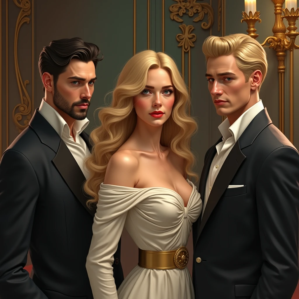 digital illustration in a semi-realistic and elegant style, with a black background that enhances the intensity of the characters. In the center is a woman with blonde hair, short to the shoulders and loose, with large emerald green eyes and defined lips in soft red. His expression is serene but powerful, and wears an intense red dress, that accentuates their figure and transmits a sophisticated aesthetic. . On both sides of it, there are two tall men, one with black hair and the other with military-cut blonde hair, , both with distinct features and fair skin. They wear dark, modern-cut clothing, who harmonize with the central female figure. Both men have their eyes closed and lean towards her, , generating an atmosphere of intimacy, emotional tension and mystery. The play of subtle lights and deep shadows gives depth to the art, while the design of soft lines and careful details creates a visually striking and emotionally suggestive composition.
