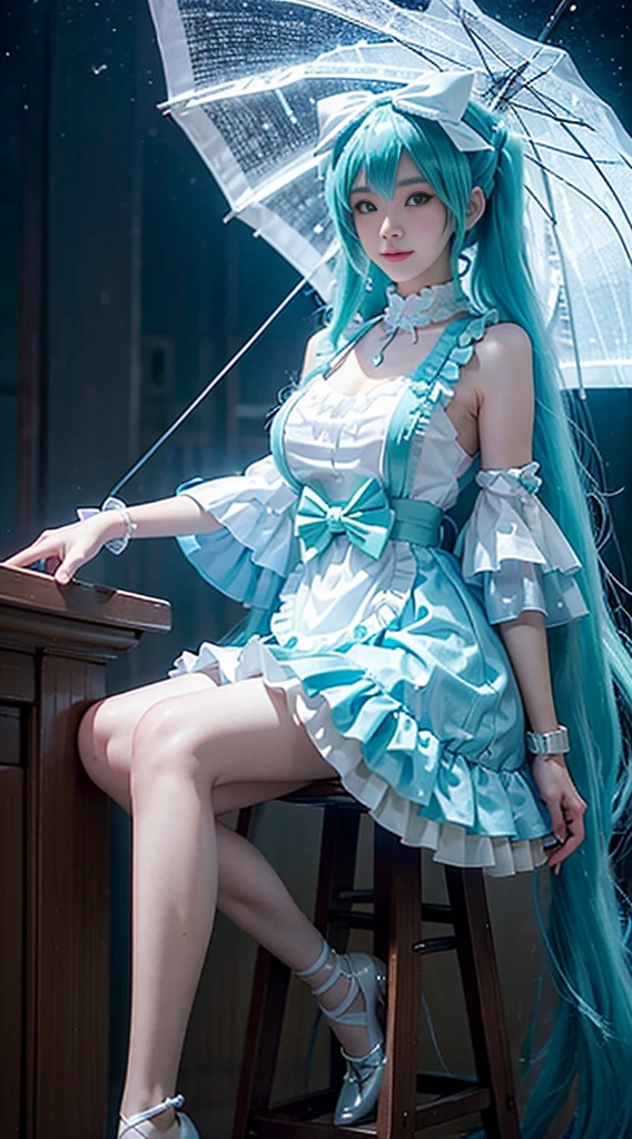 Hatsune Miku cosplay costume, Hatsune Miku, Magic Future , cosplay, Aqua Blue Hair , Ponytail, Very Long Hair , Vest, Sleeveless Dress , trim, asymmetrical Gloves, bow tie, Mini Cap , hair accessories, Gloves, Wrist Strap , Asymmetric Leg Clothing , Vertical Striped Thigh Socks , shoe((whole body)), ((from below)), ((sitting)), (( Sitting on a Bar Stool )), Clear Skin , pretty face , 【8k, Masterpiece, original photo, best quality , Details:1.2,realistic, Details, Very Detailsed, [CG, unity, wallpaper, Depth of Field, Movie light , lens light , light tracking , ( Extremely Beautiful Face , Beautiful lips , beautiful eyes), Wheel in the Wheel , Details的脸, (Bare shoulders ), ((ultra Detailsed skin)), 1 woman with an umbrella, in the dark , Deep Shadow , Beautiful Korean Girl , Korean Idol,( Very slim figure :1.3), Full breasts, big boobs, Elongated sexy legs , Very beautiful legs , Elegant Pose , (Big smile), (City night, (neon), (night), Beautiful Korean Girl , 白鑽石耳環, diameter bracelet , Daya Necklace , Clear Eyes , ( big eyes)
