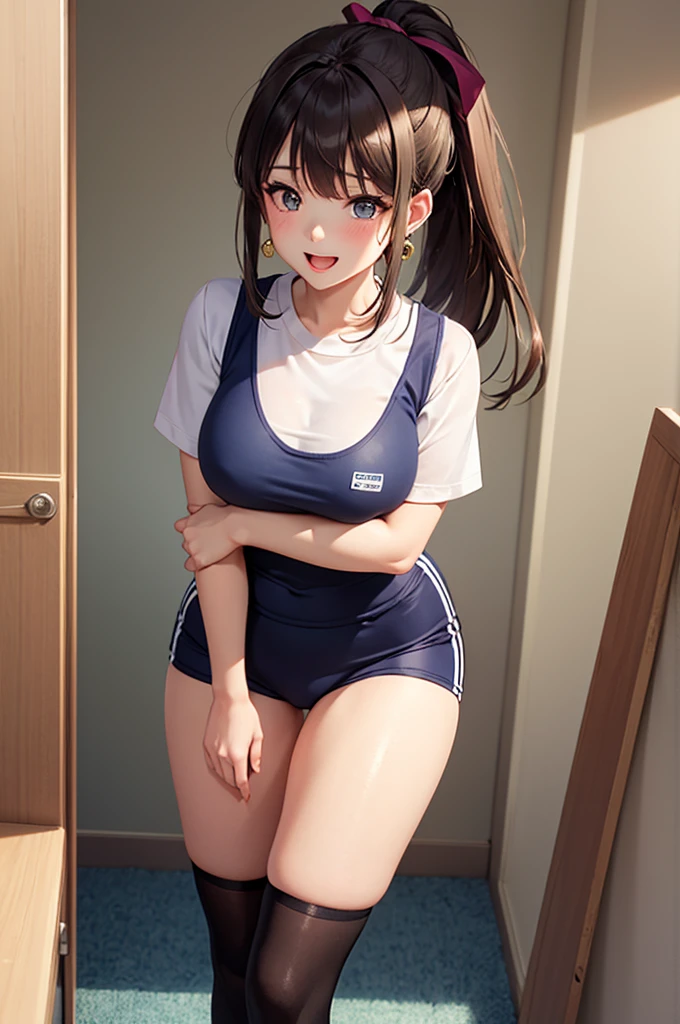 Anime Kawaii sexy Perfect Slim sensual body large breast and huge thighs, An intricate and highly detailed illustration of anime (Young girl) (work of art,highest quallity:1.3,Better quality illustration),cowboy shot,1womanl,Beautiful 20 year old Japanese girl,((very small head:1.4)),long brown hair,bangss,eyes browns,gorgeous eyes,blush,ssmile,breasts small,((very long body:1.4)),(toned body,slenderbody,skinny,skin tanned),(Navy blue sports bra、へそ、Dark blue sports shorts),shining skin,shining skin,(sweat:1.3),standing,grit、Tokyo、