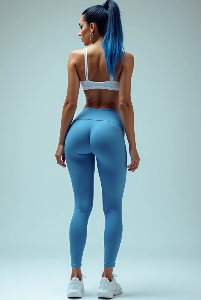 1 girl named Sarah with long light blue hair, dyed loose hair, Long hairstyle, perfect detailed face, Young pretty white girl, Hot-top model, Detailed symmetrical light green eyes with round irises, Beautiful, Walking and posing, Look at the observer, 19-year-old girl, looks like Madison Beer, extremely detailed face, Model, Realistic, Real life, perfect photorealistic picture, Realistic, hourglass figure, Stunning realistic photography, Detailed fingers, detailed realistic face, Soft fingers, real human nails, Extremely attractive girl, perfect detailed tan, small eyes, perfectly detailed face with realistic complexion and finely porous skin, small nose, Model, Perfect posture, Natural limbs, long legs, detailed symmetrical eyeballs, symmetric eyes, Realistic eyeballs, Realistic detailed eyes, cute plump closed lips, makeup, no long neck, no long waist, Perfect proportional body, seductive gaze, Looking in the direction of the viewer, Fascinating facial features, ah high, two arms, Two legs, one head, tiny breasts, realistic natural bodies, realistic shadows, Mystical epiphany, 8K, UHD, ((body facing the viewer, Pointing at the camera)), "wide-angle", Full-body shot, full pose, (photo studio white background), tempt a little, Cinematic world, Cover photo in the center of Hyperealistic, Stunning full-color, Cinematic, neoprene, behance contest winner, portrait of a, presented at Unsplash, stylized digital art, Smooth, extra high resolution, She  wearing a large white long T-shirt and black Acronym J36-S sweatpants (T-shirt only white), black and white sneakers, instagram model, 80mm , Streetwear , (((from behind view))) , Realistic,round ass