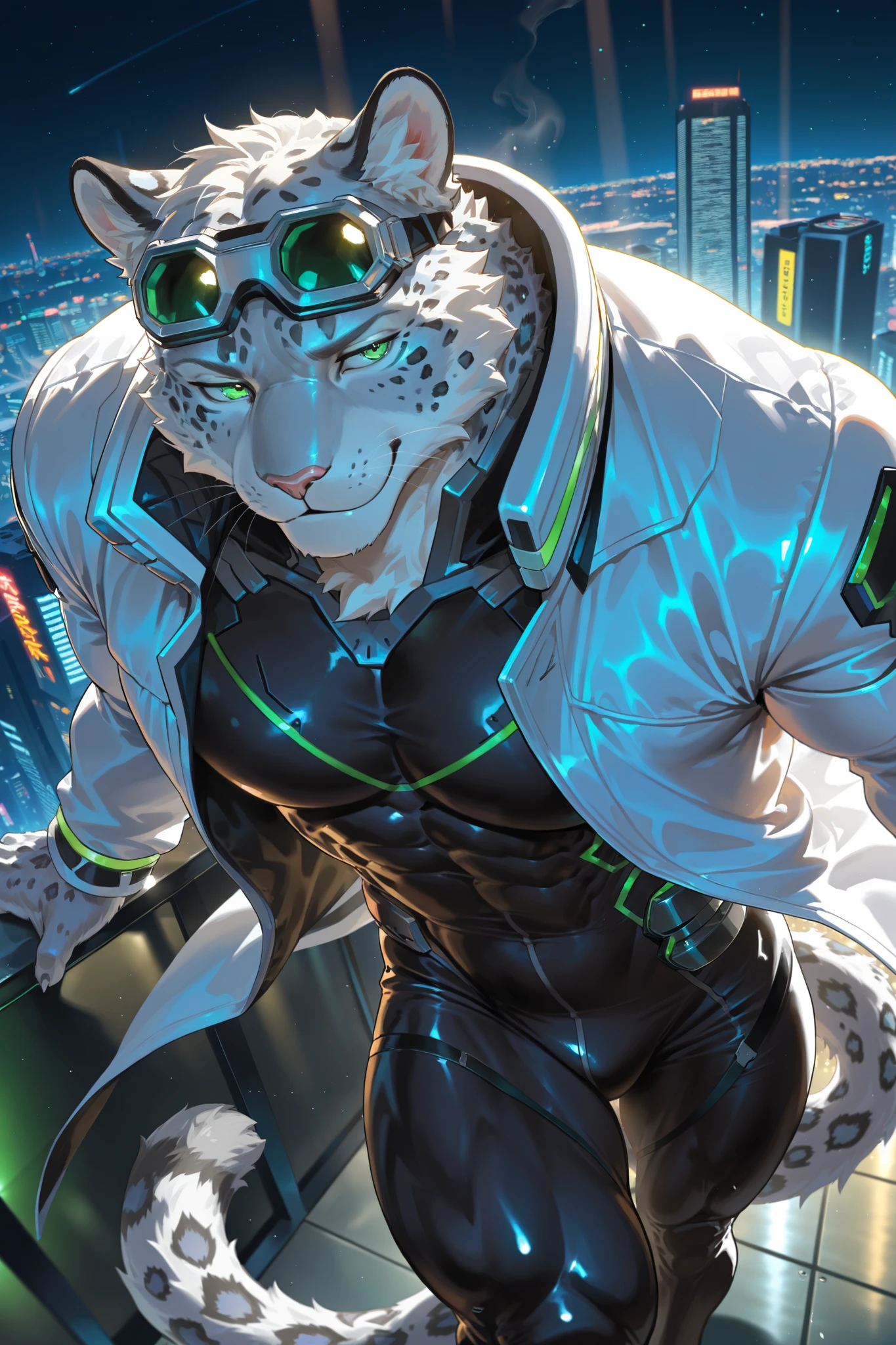 masterpiece,best quality,ultra-detailed,huge filesize,score_9,score_8_up,score_7_up,score_6_up BREAK high saturation,high contrast,very awa,masterpiece,best quality,year 2024,newest,highres,absurdres,(ask\(askzy\):0.6),(ciloranko:0.3),exquisite background
(dramatic lighting:1.3),rim lighting,volumetric lighting,(light rays:1.2),
(steam:1.2),lens flare,light particles,ambient occlusion,
cyberpunk, sci-fi, futuristic,
solo, single person, solo focus, adult male, muscular male, muscular, very big muscles,
furry, anthro furry, snow leopard, white fur, black spots, green eyes, no hair,
black bodysuit, white coat, goggles,
confident smile, flying pose, dynamic pose,
night sky, cyberpunk city, neon lights, skyscrapers, aerial view, city lights,
volumetric lighting, rim light, dramatic lighting, neon glow,