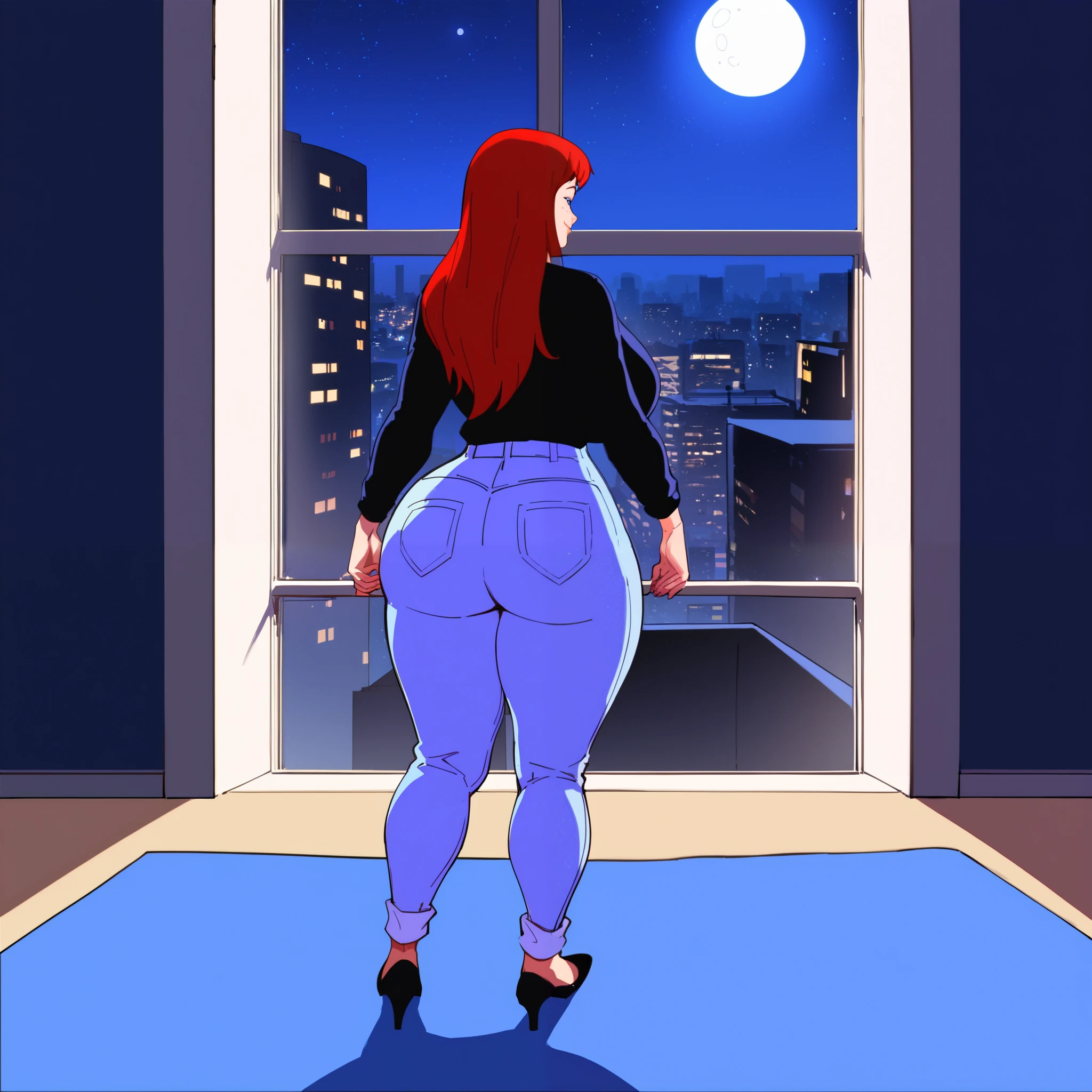 score_9, score_8_up, score_7_up, score_6_up, score_5_up, score_4_up, BREAK, 1girl, MJ, freckles arcoss face, blue eyes, dark red hair, long sleeve black shirt, dark blue long jeans, blue black shoes, long straight hair, 1girl, ((huge breasts, huge butt, thick thighs, curvy hips)), full body view, back view, highly detailed, masterpiece, standing, seductive smile, inside new york apartment background, dark blue walls, blue carpet, at night, moon shining down through window.