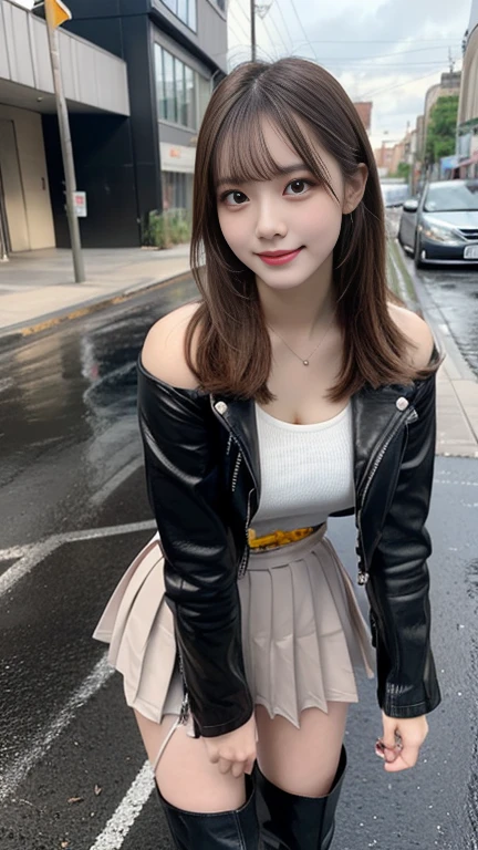 ((highest quality, 8k, Tabletop:1.3)), concentrated:1.2, Perfect body beauty:1.4, Hips:1.2, ((Layered Haircut, chest:1.2)), (Wet clothes:1.1) , (rain, street:1.3), Bandeau dress: 1.1, Highly detailed face and skin texture, Fine Eyes, double eyelid, Whitening skin, Long Hair, (shut up: 1.3), smile, skirt,
