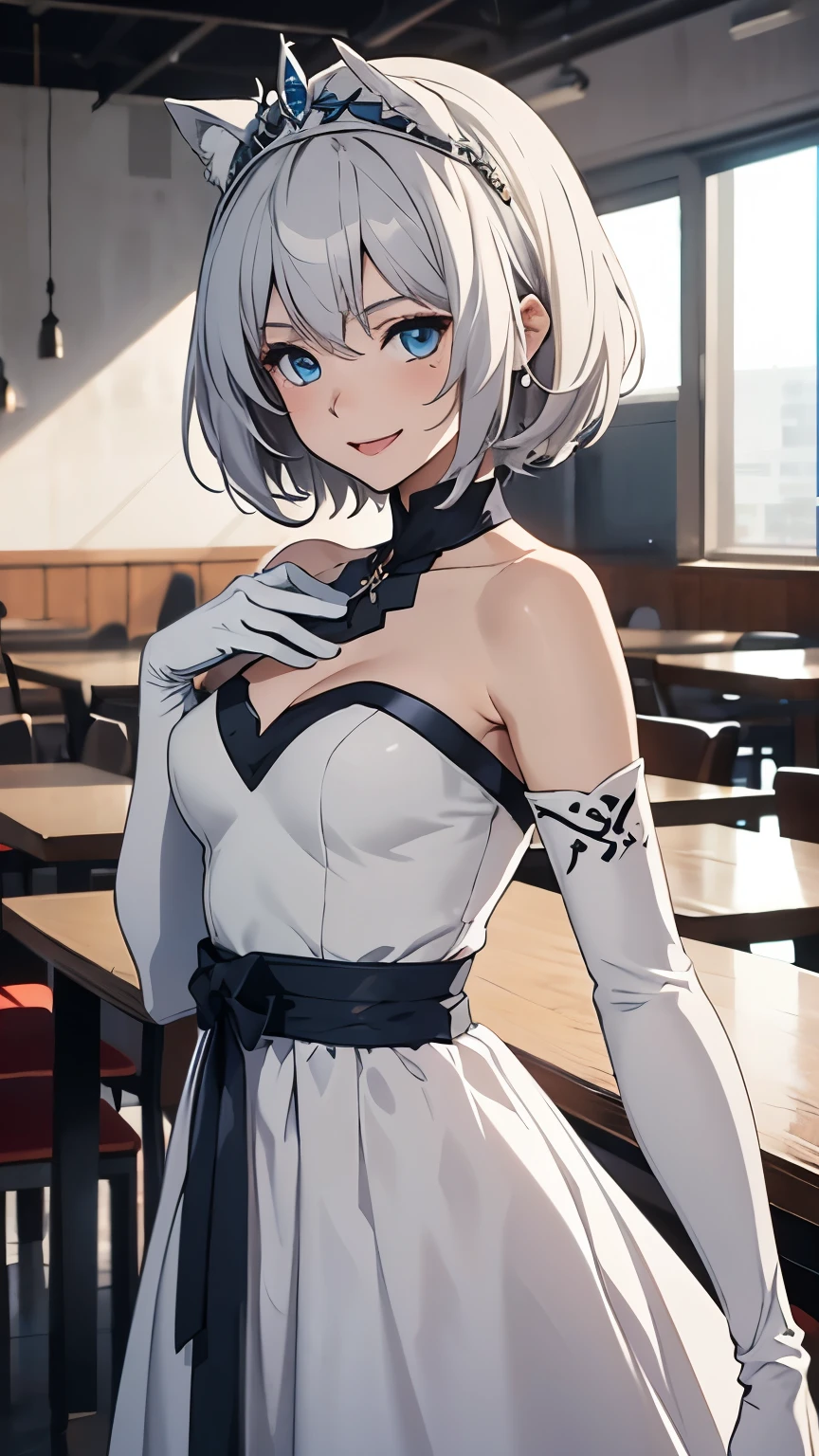 masutepiece high-level image quality Top image quality 8K adult lady(Soio) White Long Gloves((blanche)(Long gloves)) party dress((blanche)(Tube Top)) Wolf ears shorth hair((short-cut)(White hair)(Habitual hair)(fluffly)) a smile Eye color is blue during a meal(resturant) natta