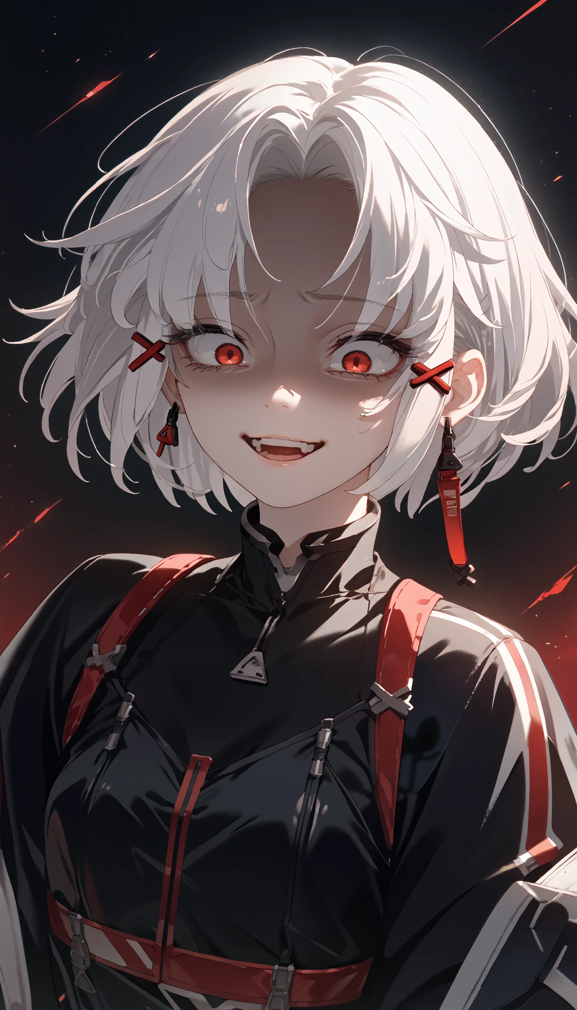 score_9, score_8_up, score_7_up, score_6_up, score_5_up, score_4_up, source_anime,newest,game cg,dutch angle,1girl,solo,drakernd, short hair, white hair, red eyes, earrings, x hair ornament,shaded face,big laugh