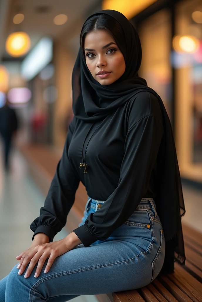 Hijab Woman, look at viewer, long hair, shirt, jeans, cloud, day, sky,indoors,coffee house