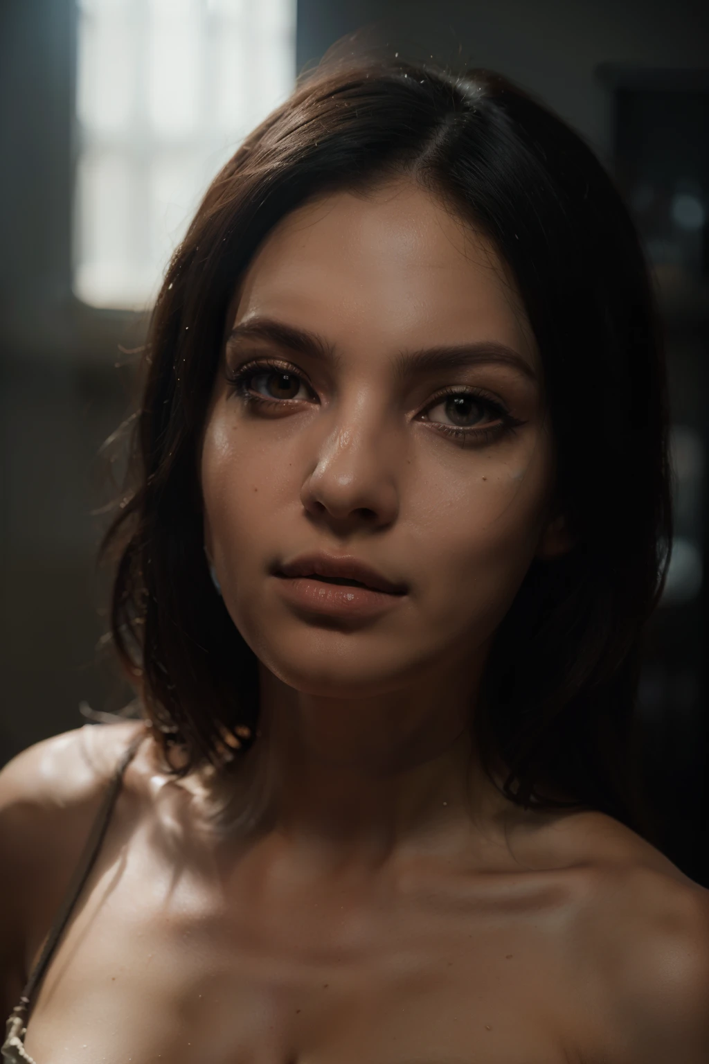 (hyper-realistic), (illustration), (high resolution), (8K), (extremely detailed), (best illustration), Yoru ( Chainsaw Man ), (beautiful detailed eyes), (best quality), (ultra-detailed), (masterpiece), (wallpaper), (detailed face), solo, upper body, focus on face, 1 girl, long black hair, Korean, thin eyeshadow, well-detailed eyes, brown eyes, small moles under the eyes, small breasts, skinny, bare shoulders, dynamic pose, low lighting, night, dark, clouds, dark night