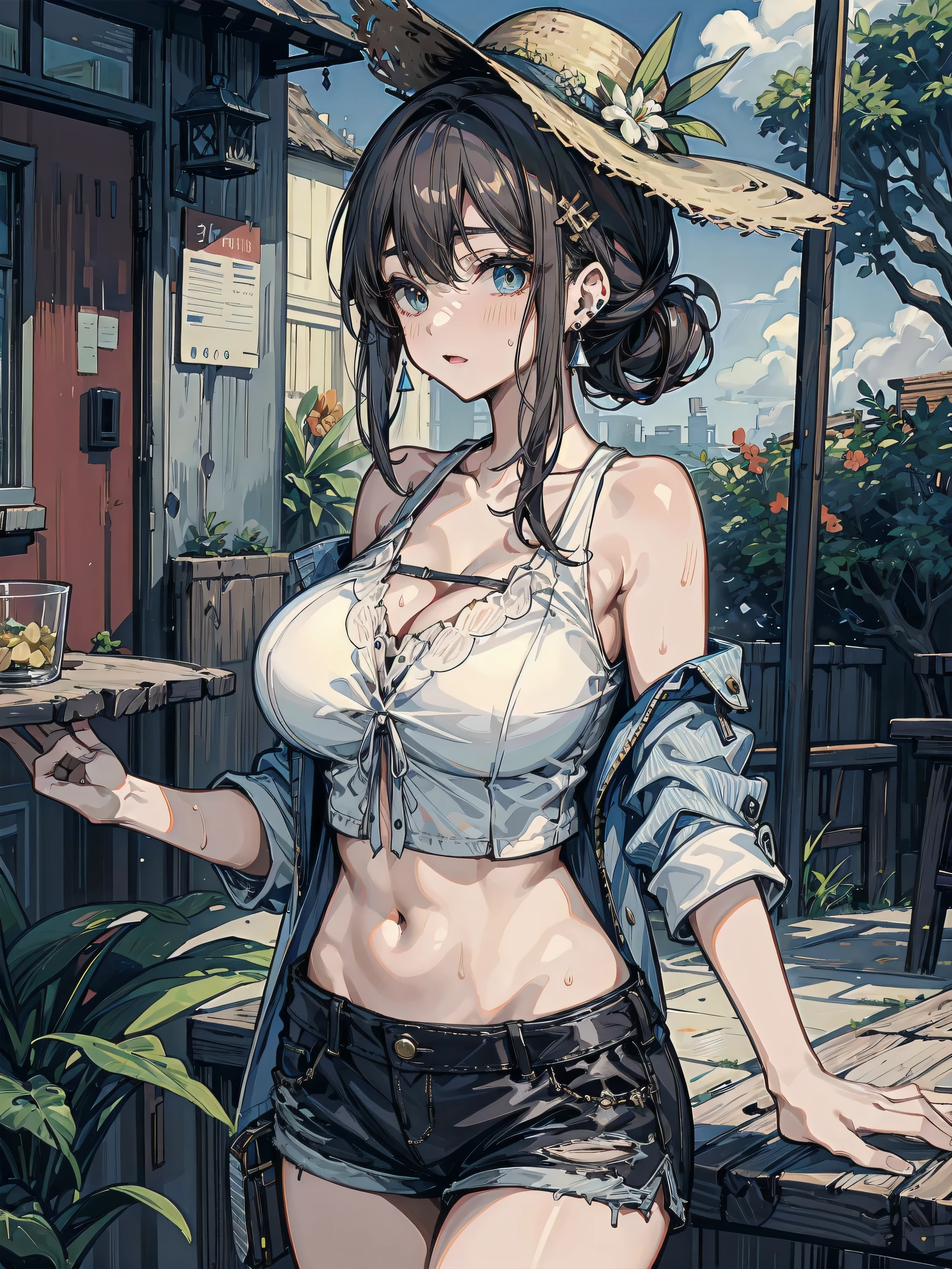 Southern, Straw Hat, ((Big (1.2), Tomboy)), (Lower half visible breasts)), (Perfect body: 1.1), (Short wavy hair: 1.2), Reddish brown, Collar, Full body shot, Crowded city, Black tank top, Denim jacket, (Very elaborate CG 8K wallpaper), (Very delicate and beautiful), (Masterpiece), (Best Quality): 1.0), (Ultra High Definition: 1.0) , beautiful lighting, perfect lightning, realistic shadows, [High Resolution], detailed skin, super detailed ((colorful)), fine skin, ruddy skin, troubled smile expression,