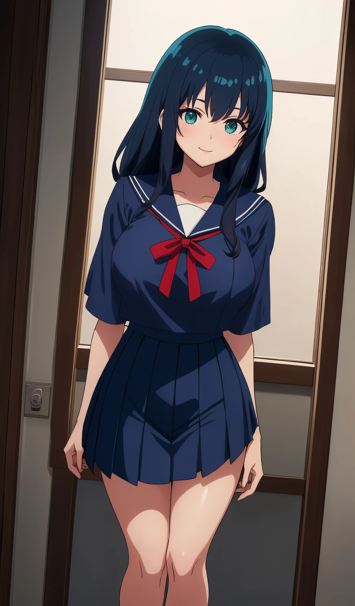 Young woman drawn in 80’s anime art style. 
Retro anime. Vintage Anime. Classical Anime. 

She has long and wavy blue hair, green eyes, full lips, and a beauty mark located under the right side of her mouth. She is well known for her curvaceous figure of which her most distinctive trait is her very large breasts. She has a sinister smile.
Meanwhile she is also visiting a High School!

She is wearing a sailor fuku (セーラー服, sērā fuku, sailor outfit) is a common japanese style of uniform worn by women, traditionally by high school female students. 

The uniform generally consists of a sailor-styled blouse attached with a (Navy blue sailor-style collar) and a Dark Navy Blue Sailor Blouse. The length of the long skirt goes down past her ankle.

A ribbon is tied in the front and laced through a loop attached to the sailor blouse. The color is the ribbon is red. (RED RIBBON)

(Dark Navy Blue Sailor Shirt)
(Dark Navy Pleated Skirt)

(High School)
