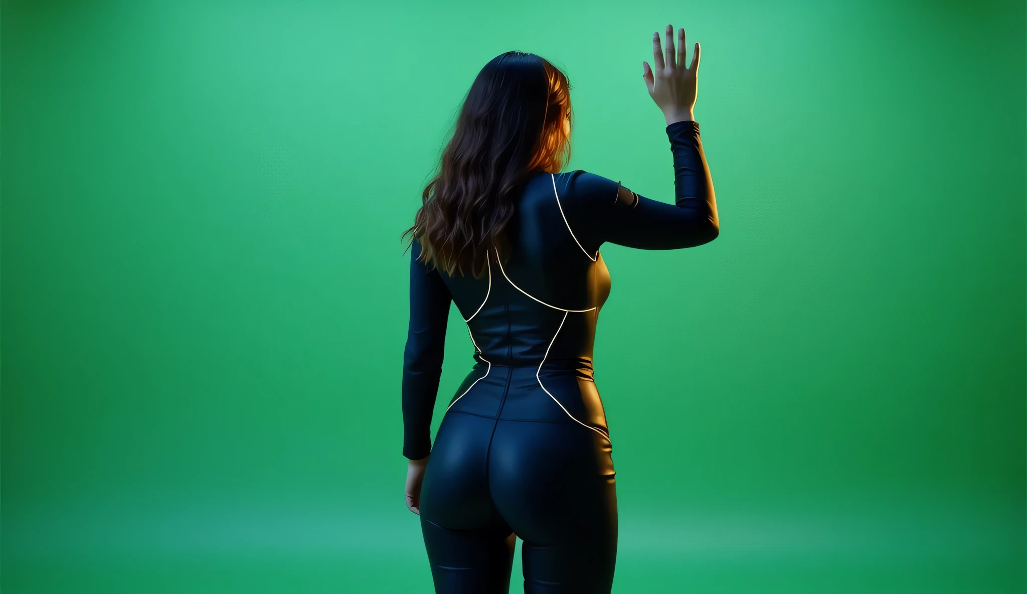  cool blue-gray tones with golden-bronze highlights ,  soft ambient lighting ,  reminiscent of early dawn . Green chroma key background. A woman is visible in the background, brunette european with long ones,  slightly wavy hair  (170 cm, curvy figure),  dressed in a tight dark blue or black futuristic bodysuit with thin glowing lines ,  emphasizing her silhouette . A woman stands with her back to the camera with a slight twist. She raised her left hand up, in a welcome gesture. Full overall view. 