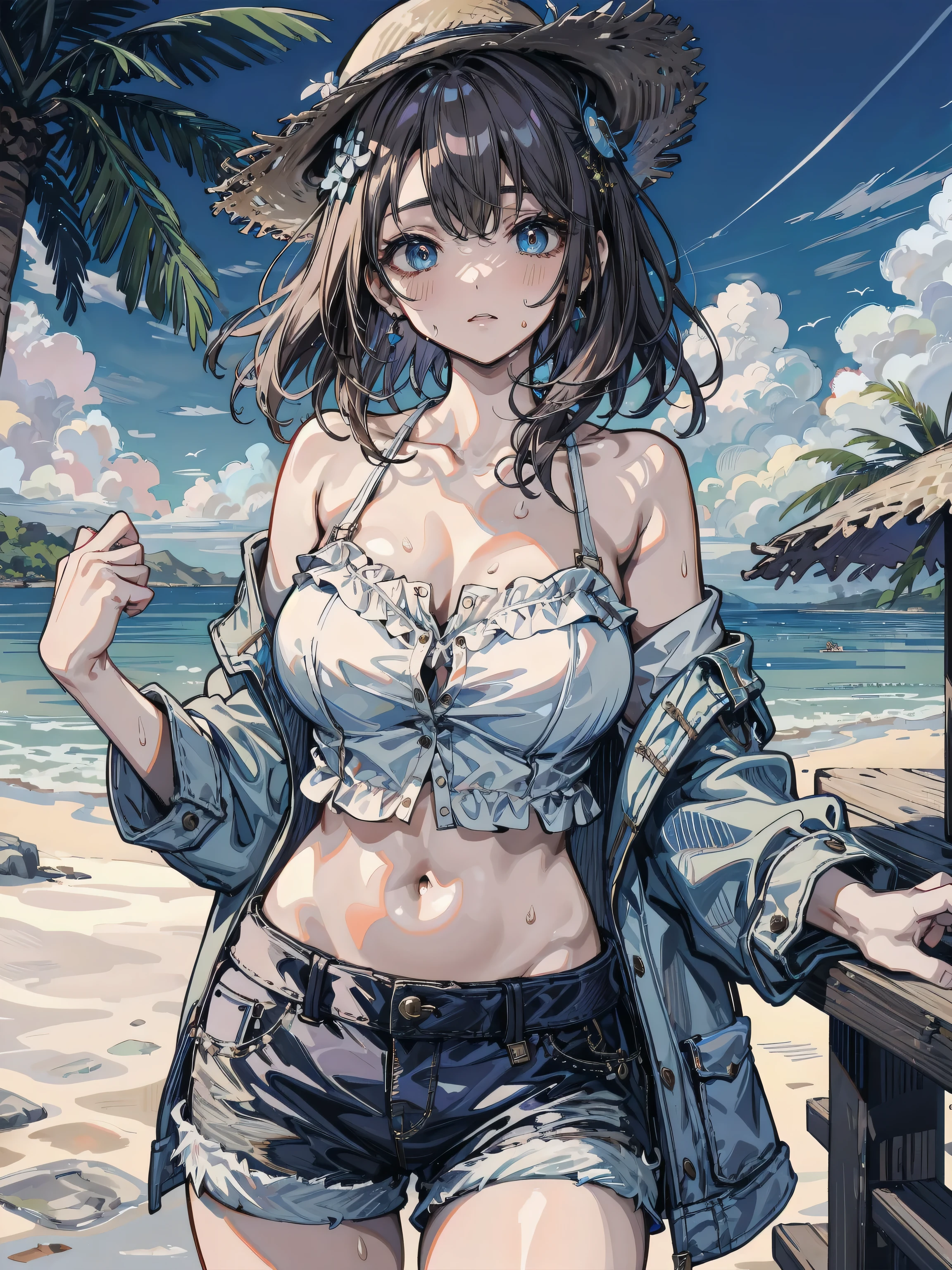 absurdres, RAW photo, extremely delicate and beautiful, masterpiece, Best Quality, ultra high resolution, 32k, hyperrealistic, ultra-detailed, detailed description, perfect anatomy, pale skin, 20 years old, detailed beautiful face and eyes, tearful mole, earring, short medium hair, wavy hair, whole body shot, colossal tits, cargo shorts, , bare collarbone, Crop top, straw hat, outdoors,