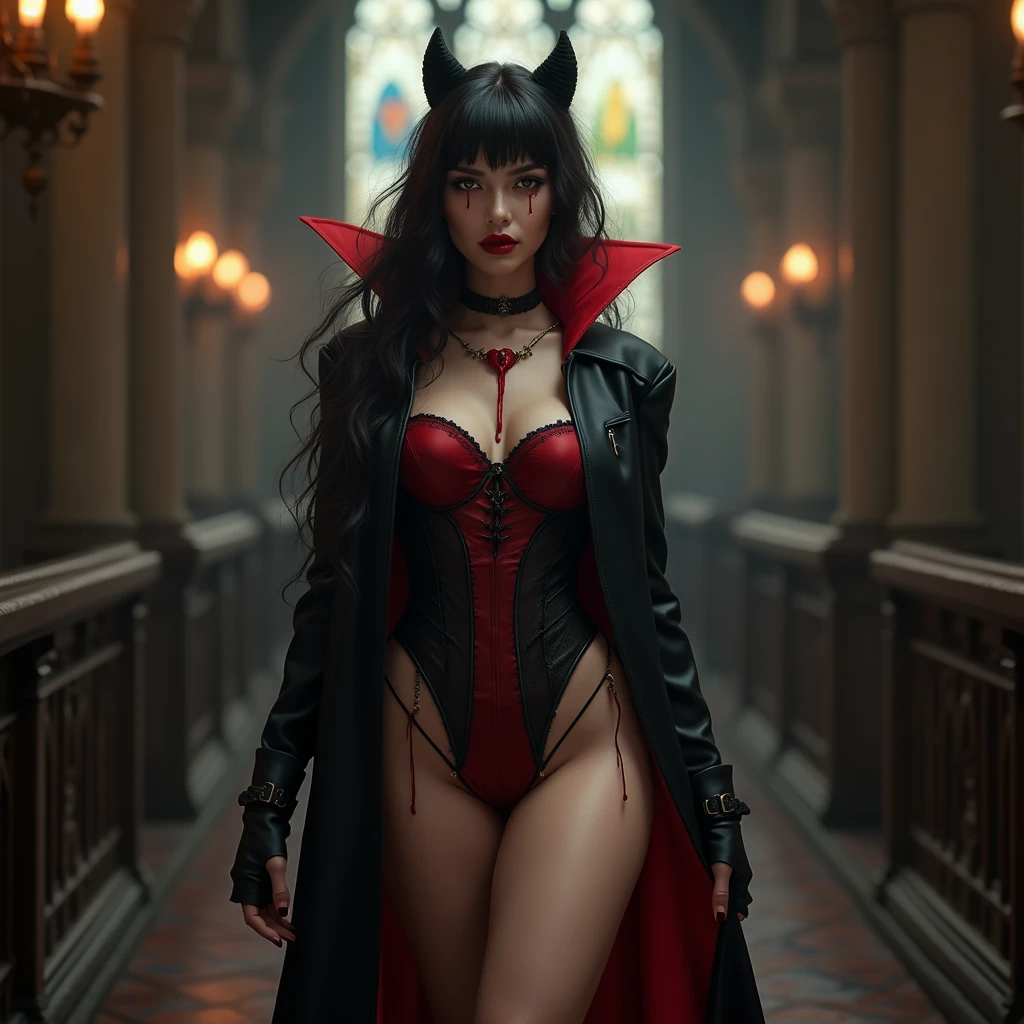 Rihanna as an evil nun,en robe de nonne sexy, Two Demon Horns on the head, rouge & Black Demon Wings, diabolique, insidieux, Dark and Sinister Satanic Church