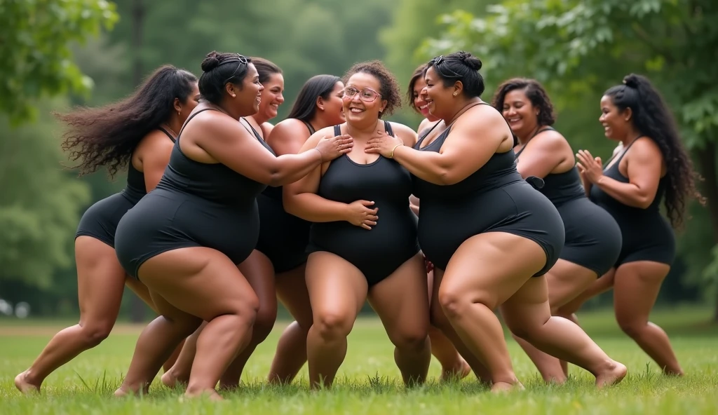 BIG BOOTY CONTEST in park, dark: dark skin melanin, All Women, her scene is rendered in ultra high-quality photo-realistic, previous winners in background, queens have the smallest waists chest abs , UHD, seductive