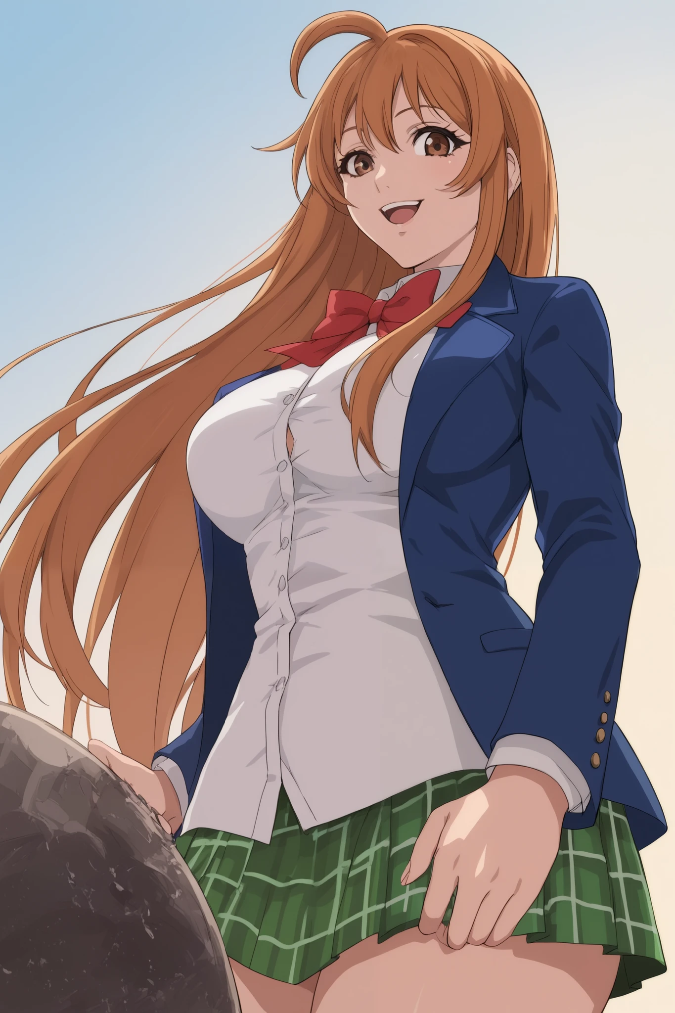 best quality,masterpiece,looking at viewer,absurdres,1girl,score_9,score_8_up,score_7_up,source_anime BREAK natsume aya,orange hair,long hair,brown eyes,ahoge,breasts,white ,skirt,bow,plaid,large breasts,jacket, plaid, green plaid skirt, blue blazer, standing, evil smile, standing on planets, giantess, front below, arms on her hips, looking down