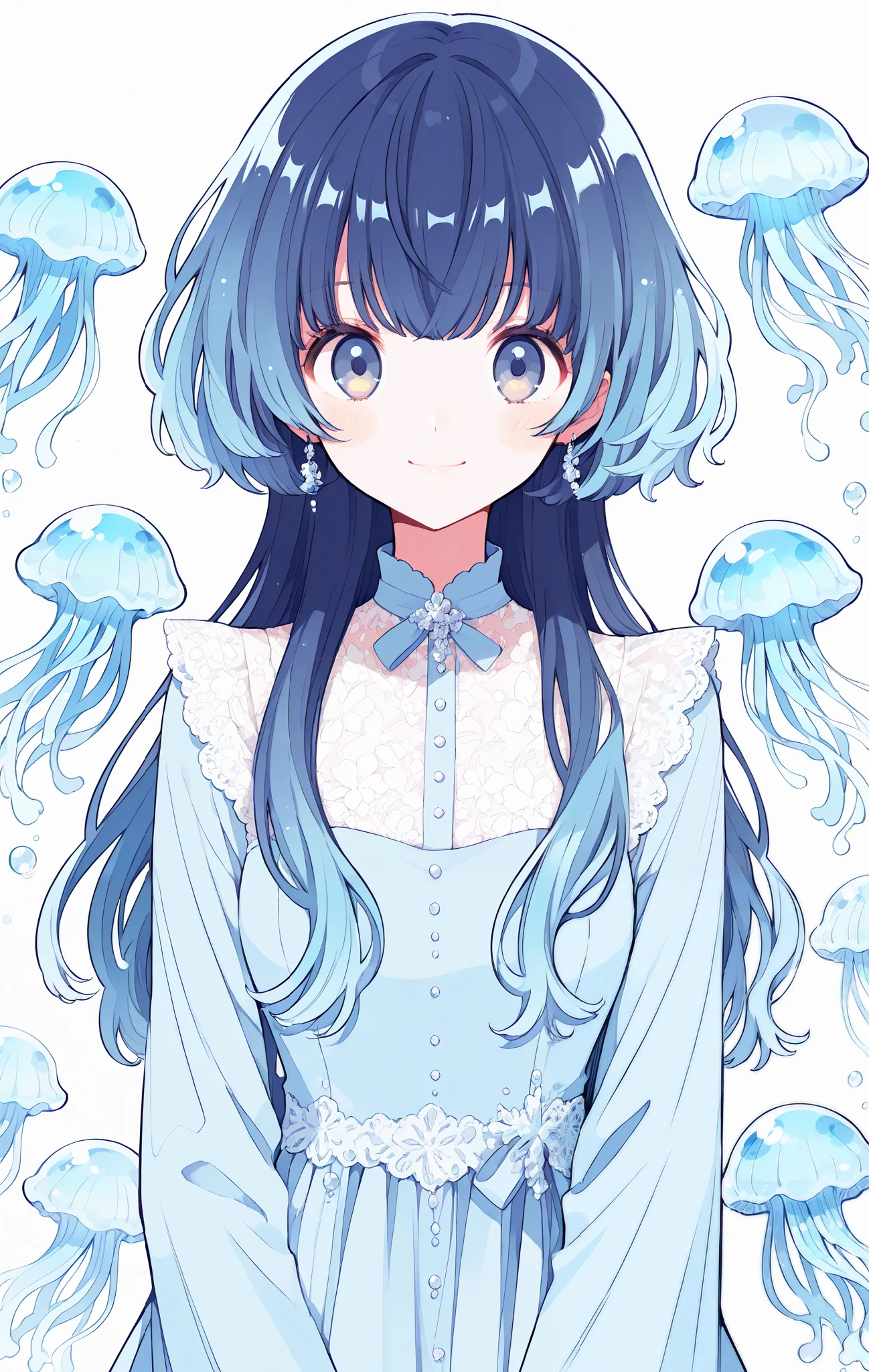 pastel colors, lineart, jaggy lines, 1woman , portrait, best quality, masterpiece, oldest, pretty clothes , dark blue hair , pretty green eyes, pretty black dress, smiling , perfect clothes , cute details, hand drawn look, pretty , long hair, interesting hairstyle, hairstyle interesting, unique hair style , better dress, lace, jellyfish, blue theme