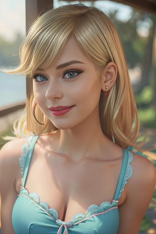 (La mejor calidad, 4k, 8k, Altas Resoluciones, obra maestra:1.2), ultra detallado, Cara detallada, Labios y ojos detallados......, lindo maquillaje , aspecto atractivo, Rostro expresivo, realista,
QUEBRAR  Loud ,beautiful caucasian woman with shoulder length messy wavy blonde hair,short blonde hair 17 years old, cejas marrones, Grandes ojos azules, piel clara, Slim and athletic, cabello que cubre un ojo,
QUEBRAR (montar a caballo), (dynamic  pose), camisa blanca tipo polo , falda plisada rosa , guantes de golf , calzado de golf, sosteniendo palo de golf, linda sonrisa,  Luz solar suave iluminando la escena, Sutil movimiento del viento en el cabello, cheerful expression, gloomy atmosphere, Suave, Natural lighting that emphasizes your features......, Subtle shadows that add depth and dimension to the image......, (maduro)