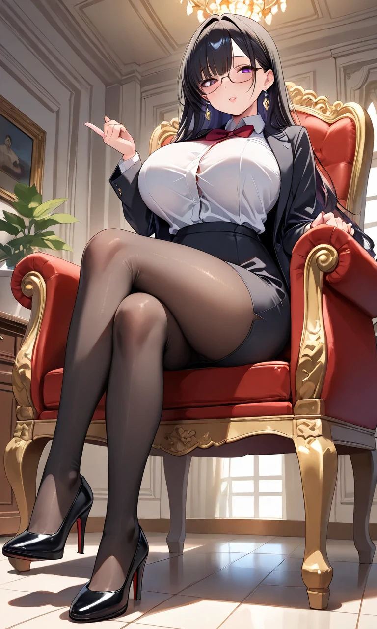 a high chroma、Vivid、​masterpiece、top-quality、detaile、hight resolution、extremely delicate and beautiful、beutiful breast、femele１a person、((femele１a person、Cutter shirt、neck tie、Woman in suit、a miniskirt、Sit on a chair and cross your legs、Single-color background、white backgrounid、Chignon、Black Hair、Black stockings、thick legs、thick thighs、Panchira))
