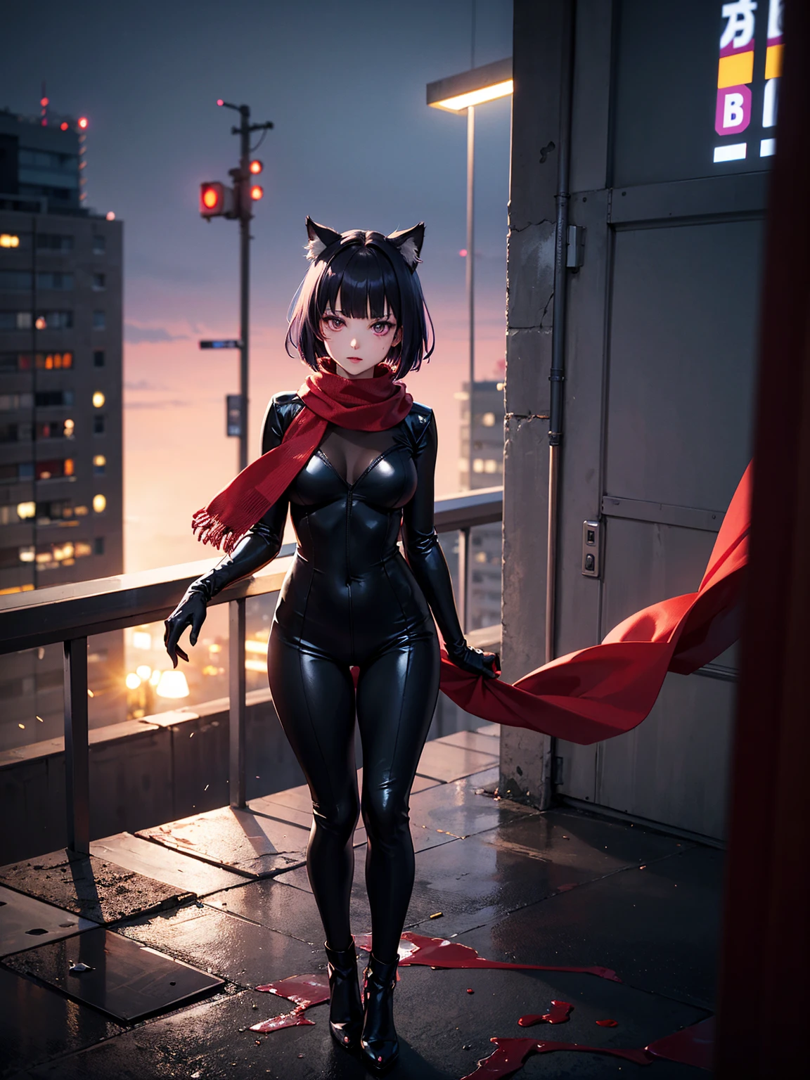 ultra-detailed, Explicit, Beautiful body, Beautiful Nose, Beautiful character design, perfect eyes, perfect face, ultra highres, 4K, beautiful legs, perfect legs, Nice hands, Perfect hand, Masterpiece, Best Quality, Highly detailed, illustration, absurdres, perfect anatomy, street fighter, doll suit, shadaloo doll, dollsuit, expressionless, blank eyes, looking at viewer, red gloves, emotionless, black latex, corrution, mind control, female combatant, full body, hypnotized, unhappy trance, full body suit, ribbed bodysuit, both arms at side, obey, perfect female body, extremely glossy latex, hypnosis, hypnoLora, empty eyes, Mind control device, poses, submissive_pose, Slave, standing straight, standing, standing at attention, hat, necktie, belt, latex, ribbed bodysuit, thighhighs, garter belt, Fighting Stance, extending the right arm from the shoulder into the air with a straightened hand, military, thigh boots, hair ornaments, black hair, short hair, green eyes, (((pixel-perfect, detail-perfect))), solo, 1girl, {kohinata_miku_senkizesshousymphogear:0.8}, Kohinata Miku ShenShoujing, Senki Zesshou Symphogear, bangs, ribbon, hair_bow, hair_ribbon