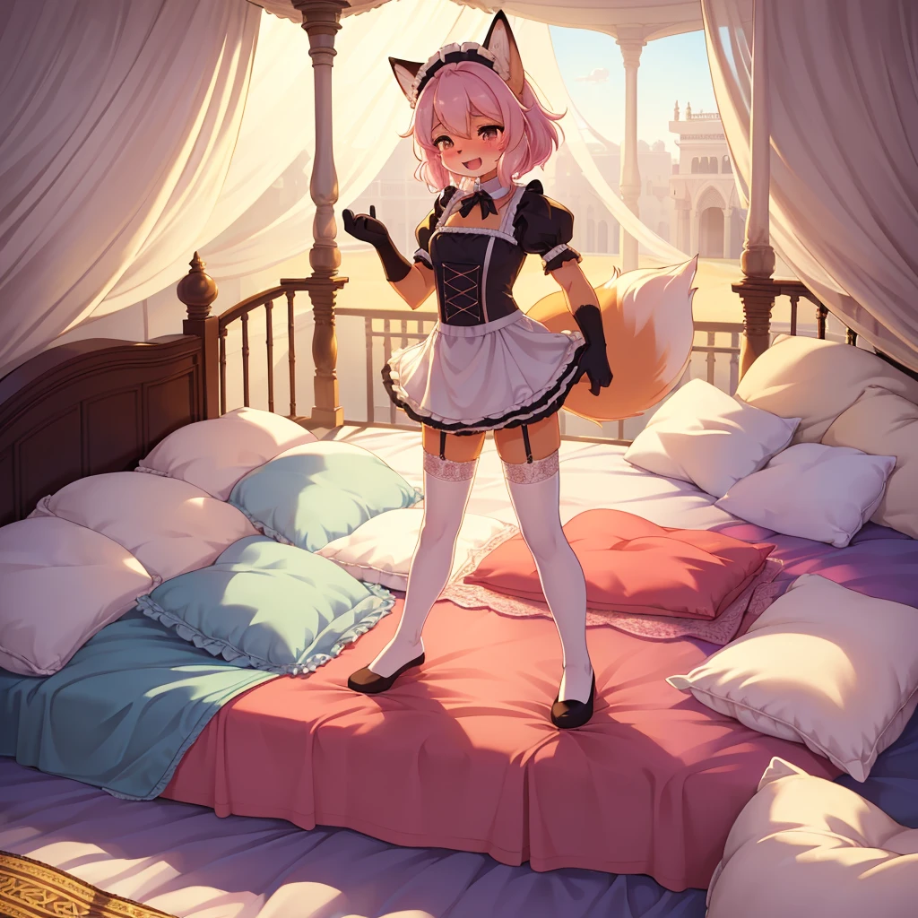 （ masterpiece， best quality），mine, The Beast, , ( ））, 穿着内衣可爱女孩在Pillow上摆姿势,，maid suit，nature,, ( blush),A smile，Pillow,（Lots of Pillow），Soft cushion，（mosquito net bed ），（Pillow），Lots of Pillow，，，（A tail），（Around the protagonist），steam，（Pillow），（LuxuryPillow），（Palace Pillow），（，（  classical European bedroom   ），（Excited，），，( A luxurious rococo style king bed with a canopy ), surrounds a large bed .,((((The bed is piled with many Pillows)))),Quilt details,Detailed bed sheets,,((Pillow in detail)), ((((A Lot of Pillow))))，，、、 soft sheets and quilt 、Colorful soft Pillow、Lots of Pillow、Pastel-toned bed、 Delicate Face ，，柔软的Pillow，，（   classical European bedroom    ），（Excited脸， open mouth ，Shy，），（更多Pillow)，， blush，, exhaling hot air ，steam， 1girl ,matuurafox ,fox girl, furry female, lace stockings， lace long gloves ， garter socks，，standing on a pillow,trample on pillows