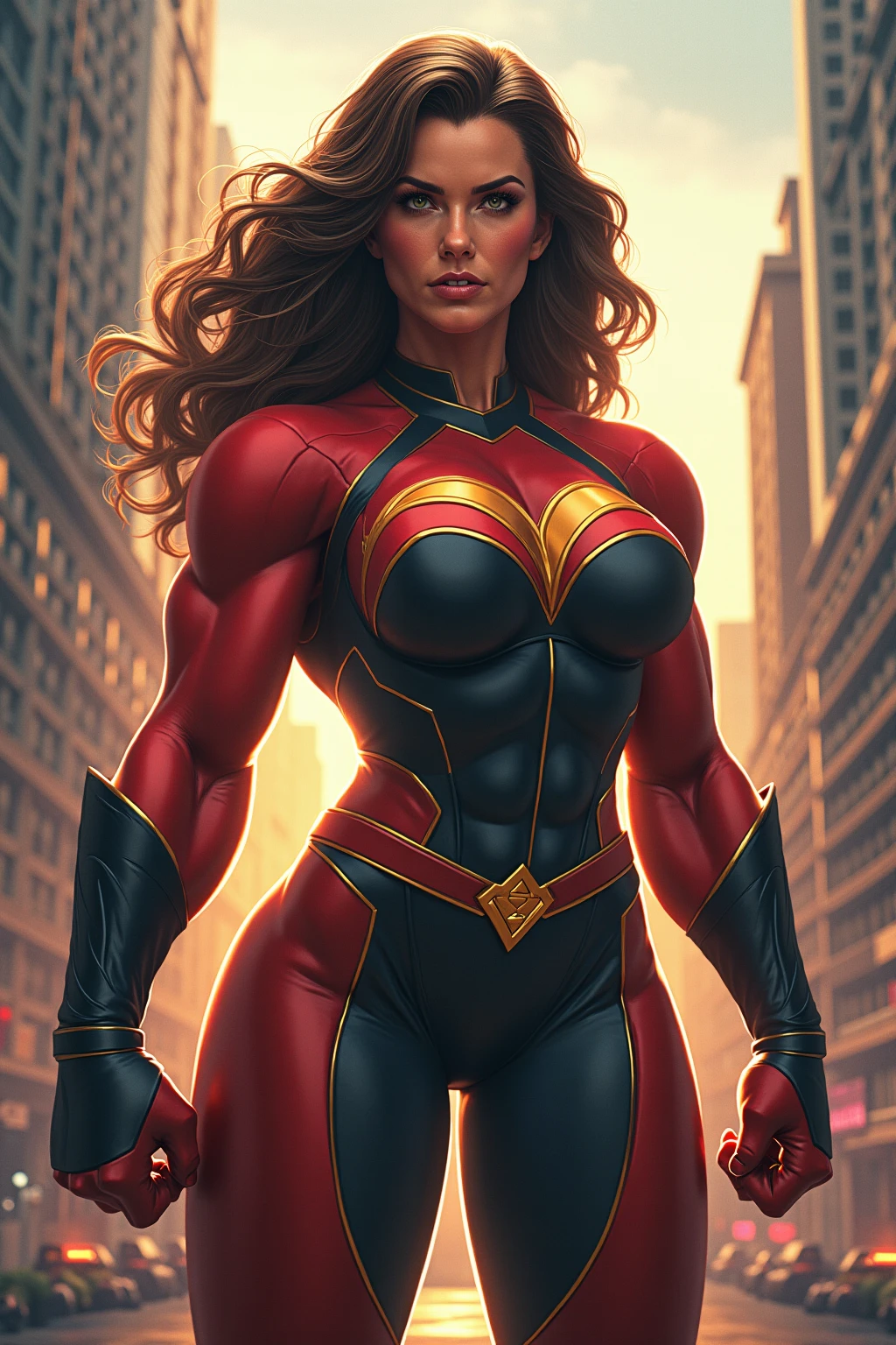 ((A stunningly powerful depiction of a super_hero-girl)) with a (taut and curvy-musculat torn), super_hero feminine taut bodysuit made of (pink wet-look latex), showcasing her ((hourglass body)) and (muscular physique). She has (ginger hair) styled in a large curly and captivating manner. The image features her in a solo shot, exuding confidence and strength, striking a (contrapposto pose). This artwork will be inspired by the (Marvel: Artgerm 70's-90's american comics style), incorporating elements from the works of Artgerm and the iconics illustrations. The environment/background should complement the character, (outdoor) with a (cityscape) to create an (adventurous and heroic atmosphere). The image should be a (digital illustration), focusing on (sharp focus) to highlight every detail in toned muscle. The (medium shot) captured with a (medium telephoto lens), (slightly elevated view) for an erotic engaging perspective. The lighting should be ( amazing appeal), emphasizing (highlights and shadows) to enhance the character's presence. beautiful detailed face, The desired level of detail is (high), with a (300 DPI resolution), ensuring (impressive visual clarity and impact).