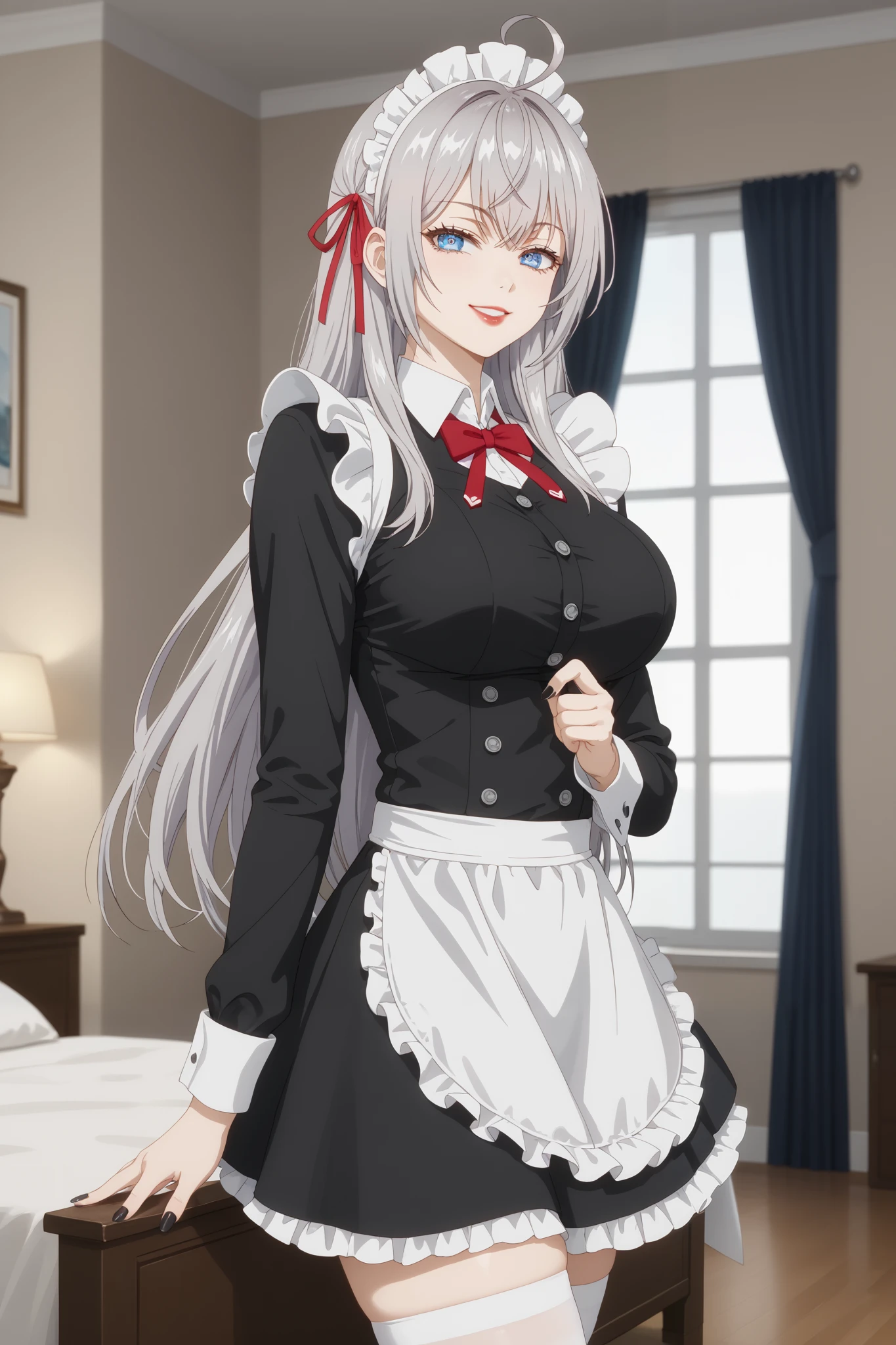 Girls, smile, red lips, fair skin, big tits, big breats, big ass, big butt, long hair, sexy body, thic body, beauty girls, maid costume, black and white maid costume colors, stocking, white stocking colors, nails, black nails colors, in bedroom background, sexy pose, ultra realistic graphic, gaze in the camera, gaze looking camera, looking camera, score_9, score_8_up, score_7_up, anime screencap, source_anime, 1girl, BREAK alisamikhailovnakujou, long hair, gray hair, ahoge, crossed bangs, blue eyes, hair ribbon, red ribbon, pale skin, AlyaSchool, buttons, long sleeves, white thighs, smug, looking at viewer, detailed close-up, extremely detailed eyes, (Beautiful and big breasts: 1.2), big breasts,