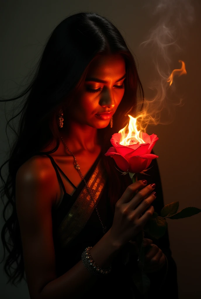 a woman wearing sharee, leaning slightly on the railing of the open balcony and looking outside, open black hair, hair flowing with air, side view, some green small trees