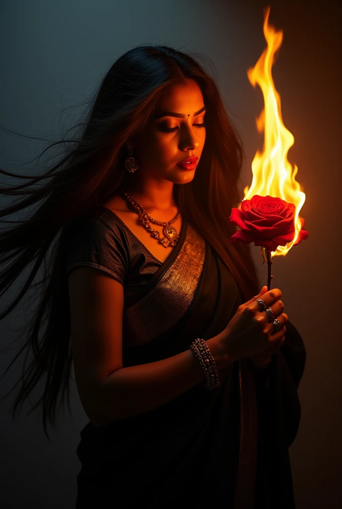 a woman wearing sharee, leaning slightly on the railing of the open balcony and looking outside, open black hair, hair flowing with air, side view, some green small trees