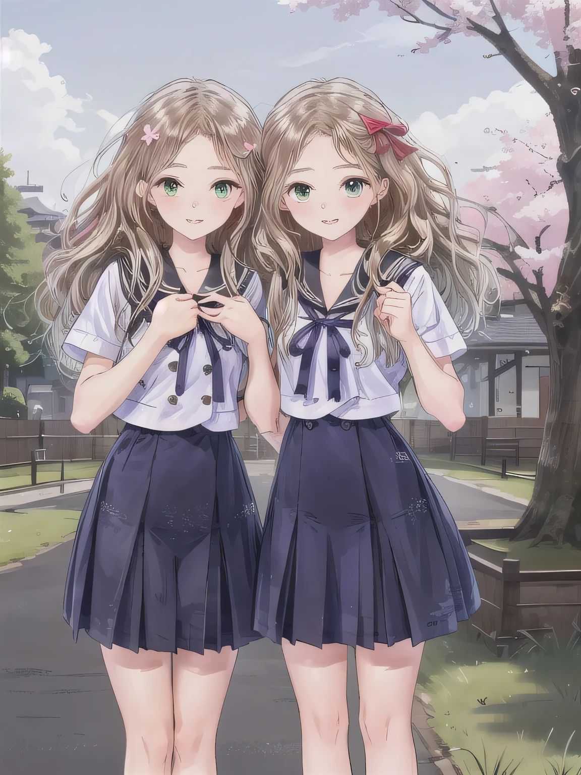 A stunningly beautiful 20-year-old woman stands in a lush green park full of cherry blossoms in full bloom under a clear blue sky. She is wearing a classic sailor uniform and holds a neatly wrapped gift box with a red ribbon in both hands in front of her chest. The box is small, wrapped in decorative paper, and tied with a bow. She looks very happy, with a radiant and joyful expression.A stunningly beautiful 20-year-old woman stands in a lush green park full of cherry blossoms in full bloom under a clear blue sky. She is wearing a classic sailor uniform and holds a neatly wrapped gift box with a red ribbon in both hands in front of her chest. The box is small, wrapped in decorative paper, and tied with a bow. She looks very happy, with a radiant and joyful expression. 2girls. Green eyes.