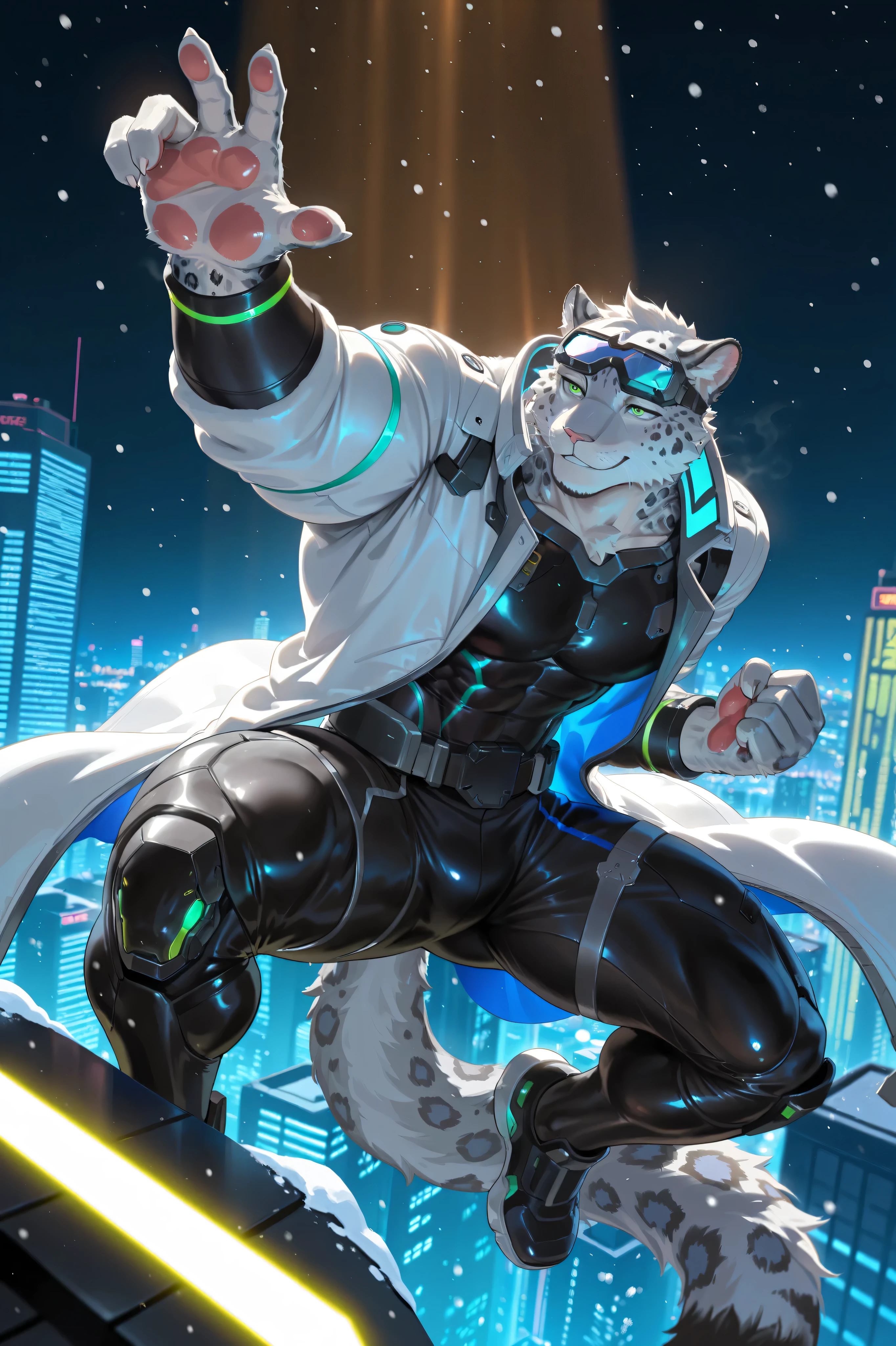 masterpiece,best quality,ultra-detailed,huge filesize,score_9,score_8_up,score_7_up,score_6_up BREAK high saturation,high contrast,very awa,masterpiece,best quality,year 2024,newest,highres,absurdres,(ask\(askzy\):0.6),(ciloranko:0.3),exquisite background
(dramatic lighting:1.3),rim lighting,volumetric lighting,(light rays:1.2),
(steam:1.2),lens flare,light particles,ambient occlusion,
cyberpunk, sci-fi, futuristic,
solo, single person, solo focus, adult male, muscular male, muscular, very big muscles,
furry, anthro furry, snow leopard, white fur, black spots, green eyes, no hair,
black bodysuit, white coat, goggles,
confident smile, flying pose, dynamic pose,
night sky, cyberpunk city, neon lights, skyscrapers, aerial view, city lights,
volumetric lighting, rim light, dramatic lighting, neon glow,