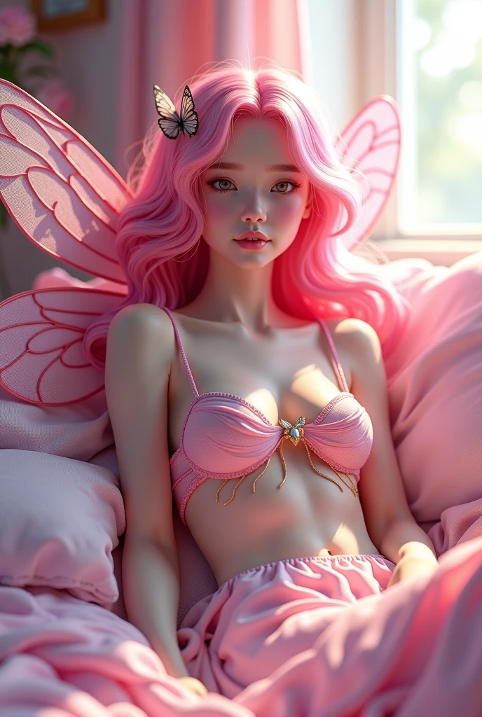 A young woman like a fairy with dark pink hair and dragonfly wings, lying on her bed, wearing only a bra and taking off her panties, making a crazy expression of pleasure, Fantasy Theme, em uma flowersta mágica, flowers (((master part))), (((best qualityer))), ((ultra detali)),(highly detailed CG illustration), ((an extremely delicate and beautiful)),cinematic light, Create stunning fantasy art. fairy tale fantasy with colorful details. ((Use various shades of pastel pink and watercolor as the main color scheme.)) Incorporate unique lighting effects, Exploring dynamic and attractive composition techniques, and experimenting with unique color palettes. Camera: Choose an angle that highlights the beauty of the character.. The ilumination: Use atmospheric lighting techniques to create depth and mood. resolution: Aim for a high-resolution artwork to showcase intricate details and clarity.