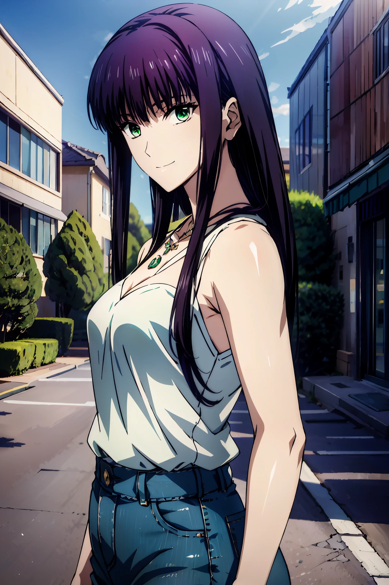 赤 purple hair, GREEN EYES, eyes like jewels,((最 high quality)), (( Masterpiece)), ( Details), 1girl , sexy,smile face, Hi-Res, High-definition CG , high quality shadows, Naked Woman , Beautiful Delicate Eyes ,break( Ultra-fine8K壁紙),( 非常に DetailsなCG 8k壁紙 ),Makima ( chainsaw man), Sukasach ( destiny / GRAND ORDER REQUIRED ),Reika Shimodaira , portable , Very Delicate and Beautiful CG Illustration ,最 high quality , Real Feel ,Realistic Fabric, Realistic Texture , beautiful thighs, BIG BREAST 、 slim waist,((( Masterpiece))), (((最 high quality ))),8k,32K, Masterpiece, charming and beautiful animated woman , Ultra-fine, tall 非常に Details , Hi-Res, Super Realistic High School Student , Masseter region , 最 high quality , high quality , Hi-Res , high quality のテクスチャ, high quality シャドウ, 高い Details, Details,1 personの少女, high school student seen from the side , alone,I,1 person, alone,1 person, tall ,AS-Adult, adult ,Leg length, beautiful long legs ,8 heads, Statue :171cm, mature girl ,赤 purple hair,赤 purple hair, purple hair, BLACK CURRANT HAIR , Silk Smooth Hair , colorful hair, straight hair、4 ,smile, smiles happily , Vivid Expression ,かわいいsmile,Cool Beauty, Bewitching looks ,Quiet look, beautiful hair,She wears a necklace around her neck, necklace, ビーズ necklace ,Magatama Accessories,smile, colorful eyes, GREEN EYES,Jade GREEN EYES, beautiful eyes, bright eyes,Delicat eyes, Jewel Eyes ,Jade Eyes, droopy eyes ,( GREEN EYES:1.5), enchanting face ,, sleeveless, turtleneck , sweater ,JINS,Blue denim pants,Ladies' bag , Behind the shoulder , orbital space, standing with beautiful eyes , Walking ,holiday,takeoutside,Bustling city, low fashion, blue sky,Building Street,Model Photo,,outside,takeoutside, viewer ,Model Photo, private,holiday