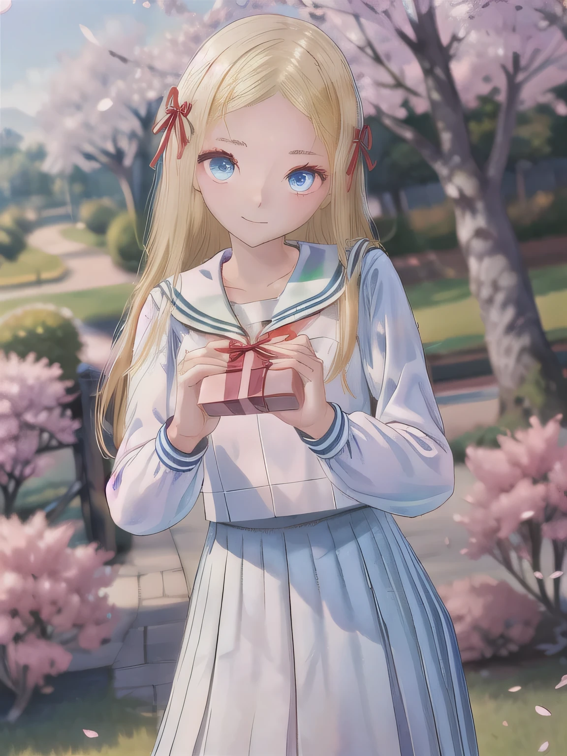 A stunningly beautiful 20-year-old woman stands in a lush green park full of cherry blossoms in full bloom under a clear blue sky. She is wearing a classic sailor uniform and holds a neatly wrapped gift box with a red ribbon in both hands in front of her . The box is small, wrapped in decorative paper, and tied with a bow. She looks very happy, with a radiant and joyful expression.A stunningly beautiful 20-year-old woman stands in a lush green park full of cherry blossoms in full bloom under a clear blue sky. She is wearing a classic sailor uniform and holds a neatly wrapped gift box with a red ribbon in both hands in front of her . The box is small, wrapped in decorative paper, and tied with a bow. She looks very happy, with a radiant and joyful expression. Blue eyes, long, blonde hair.