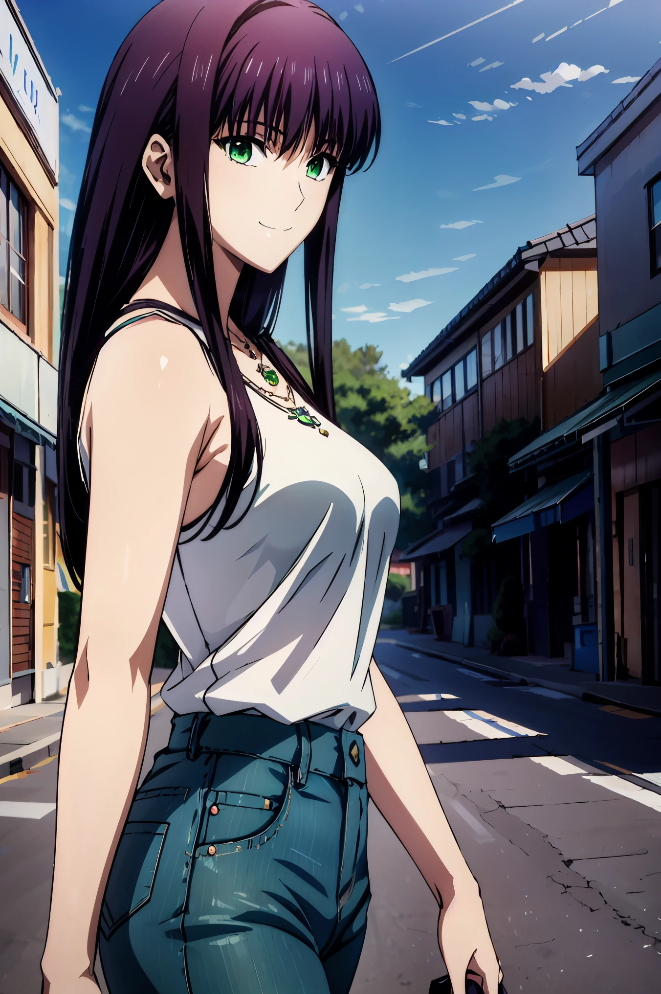 赤 purple hair, GREEN EYES, eyes like jewels,((最 high quality)), (( Masterpiece)), ( Details), 1girl , sexy,smile face, Hi-Res, High-definition CG , high quality shadows, Naked Woman , Beautiful Delicate Eyes ,break( Ultra-fine8K壁紙),( 非常に DetailsなCG 8k壁紙 ),Makima ( chainsaw man), Sukasach ( destiny / GRAND ORDER REQUIRED ),Reika Shimodaira , portable , Very Delicate and Beautiful CG Illustration ,最 high quality , Real Feel ,Realistic Fabric, Realistic Texture , beautiful thighs, BIG BREAST 、 slim waist,((( Masterpiece))), (((最 high quality ))),8k,32K, Masterpiece, charming and beautiful animated woman , Ultra-fine, tall 非常に Details , Hi-Res, Super Realistic High School Student , Masseter region , 最 high quality , high quality , Hi-Res , high quality のテクスチャ, high quality シャドウ, 高い Details, Details,1 personの少女, high school student seen from the side , alone,I,1 person, alone,1 person, tall ,AS-Adult, adult ,Leg length, beautiful long legs ,8 heads, Statue :171cm, mature girl ,赤 purple hair,赤 purple hair, purple hair, BLACK CURRANT HAIR , Silk Smooth Hair , colorful hair, straight hair、4 ,smile, smiles happily , Vivid Expression ,かわいいsmile,Cool Beauty, Bewitching looks ,Quiet look, beautiful hair,She wears a necklace around her neck, necklace, ビーズ necklace ,Magatama Accessories,smile, colorful eyes, GREEN EYES,Jade GREEN EYES, beautiful eyes, bright eyes,Delicat eyes, Jewel Eyes ,Jade Eyes, droopy eyes ,( GREEN EYES:1.5), enchanting face ,, sleeveless, turtleneck , sweater ,JINS,Blue denim pants,Ladies' bag , Behind the shoulder , orbital space, standing with beautiful eyes , Walking ,holiday,takeoutside,Bustling city, low fashion, blue sky,Building Street,Model Photo,,outside,takeoutside, viewer ,Model Photo, private,holiday