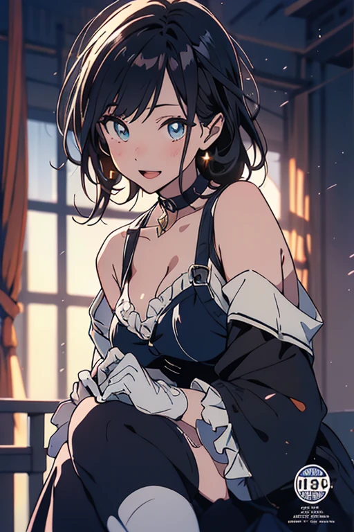 1girl, solo, breasts, looking at viewer, blush, smile, short hair, bangs, large breasts, simple background, black hair, gloves, white background, dress, bow, animal ears, tail, monochrome, full body, short sleeves, pantyhose, parted lips, white gloves, white dress, rabbit ears, high heels, wrist cuffs, black pantyhose, fake animal ears, playboy bunny, rabbit tail, spot color, twisted torso