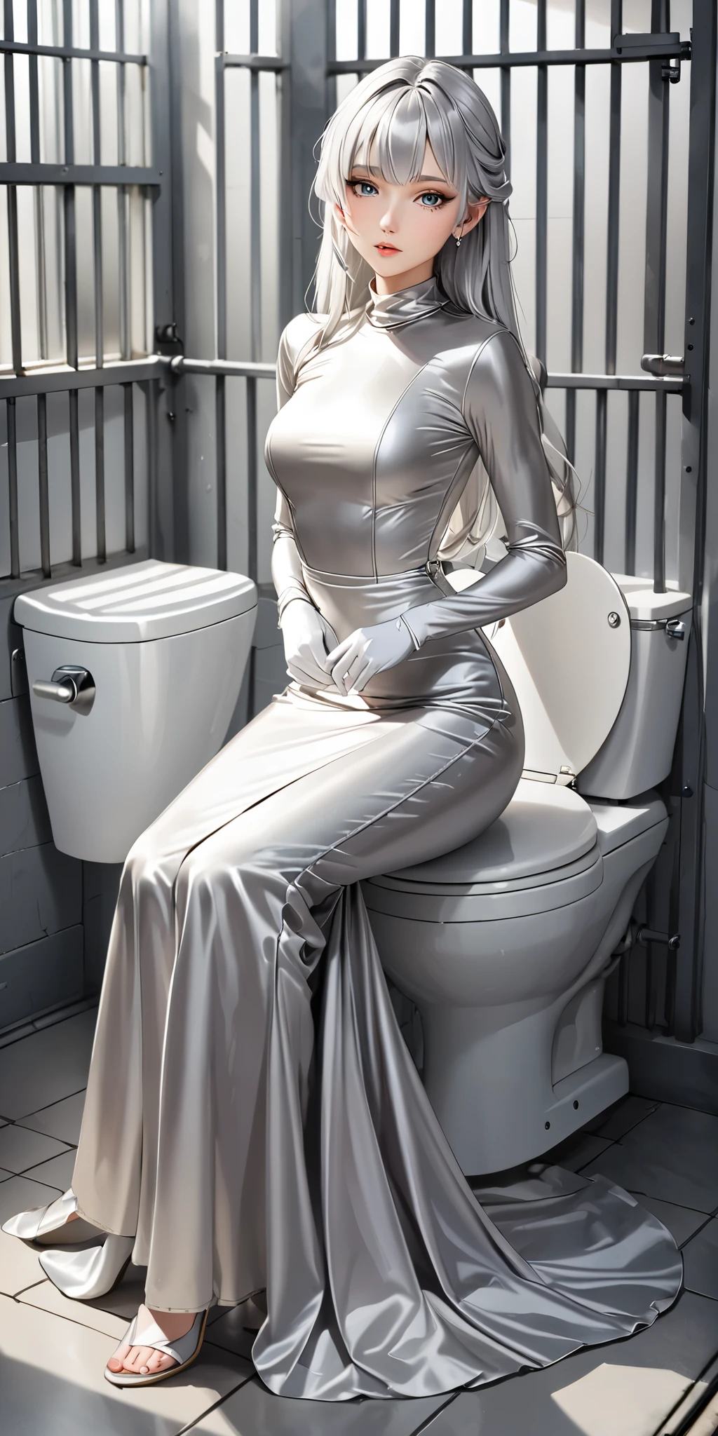 olio painting American woman with long wavy brown hair and white highlights and brown eyes wearing a hospital gown with her butt exposed from behind big ass