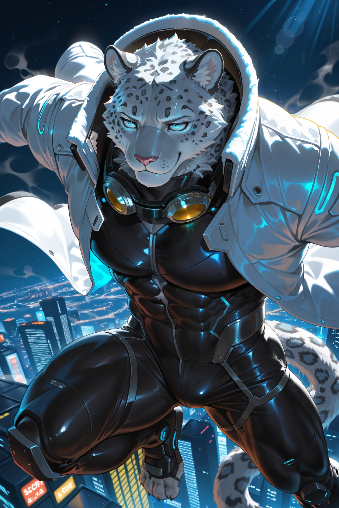 masterpiece,best quality,ultra-detailed,huge filesize,score_9,score_8_up,score_7_up,score_6_up BREAK high saturation,high contrast,very awa,masterpiece,best quality,year 2024,newest,highres,absurdres,(ask\(askzy\):0.6),(ciloranko:0.3),exquisite background
(dramatic lighting:1.3),rim lighting,volumetric lighting,(light rays:1.2),
(steam:1.2),lens flare,light particles,ambient occlusion,
cyberpunk, sci-fi, futuristic,
solo, single person, solo focus, adult male, muscular male, muscular, very big muscles,
furry, anthro furry, snow leopard, white fur, black spots, blue eyes, no hair,
black bodysuit, white coat, goggles,
confident smile, flying pose, dynamic pose,
night sky, cyberpunk city, neon lights, skyscrapers, aerial view, city lights,
volumetric lighting, rim light, dramatic lighting, neon glow,