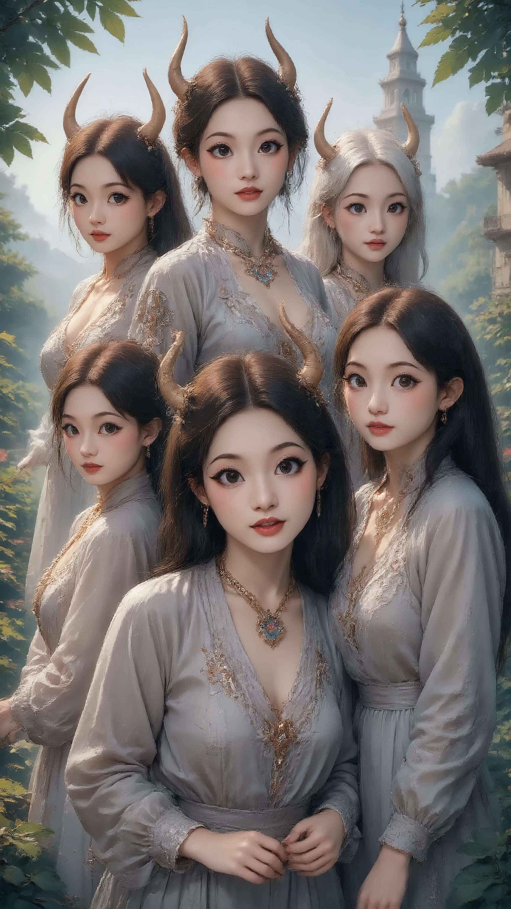 design一副好莱坞香艳大师designof超级宏伟巨制电影宣发版超精美巨幅海报。 Mythical monster, fake monster, empress, idol group ,Team shape ,Assembly,Fu Rui,女主horn群像,( using a real physical engine :1.8)、 facial features Axial asymmetry 、 High-tech beauty 、 pink fun charm 、粉红情趣魅魔等horn色Assembly( the Queen's team :1.8)。horn色特点:{黄金比例of(Beauty、Tear mole、 Blonde 、 Pony Real GuoFeng :1.4)、 mini fairy fairy 、( jelly-like sexual characteristics and extraordinary sexual tension :1.8)、( super narrow :1.4) ribs waist 、Super slim legs 、pride、grace、Strong at heart、Hate the sky、Colorful、gorgeous、sacred(horn色造型1.8),魅魔级of性特征与超凡of性张力}。(以Classical Aesthetics 为基础, use top artistic guidance makeup props ,Metals used、gem、 tall and beautiful body ,3D Printing,超现实调整horn色of外观:1.6),使horn色们( Physiological perfection、 mystical sexy 、 Tentacle-like appearance 、 golden ratio :1.6)of,(一体化完美融合精密衔接无缝嵌套生化CyberMythological Creatures特征:horn、Feather、Chitin 、scale、tail、tentacles, etc.:2)。Concentrated computing power ( based on classical aesthetics , use screen space ,design, use camera language Non-direct 、Metaphor 、暗藏玄机horn色殿堂级of性特征与超凡性张力:1.6)。(Super real、Super complex、 super detailed、Super-sharp 、Super clear、Super-sharp 、HDR、 super high quality output、 Super Visual Effects Engine secondary rendering :1.6)。(以软情趣Cyber饰品隐形打码, makes the picture match 14 + review requirements :1.4)。流媒体 creative moves ,Stereo画面张力。 classic and elegant , creative geometric structure layout , epic production scene ,特种镜头多horn度拍摄, multiple scenes stitched and nested 。 half man half man half horse , The Succubus dancer with a grand mood , fragrant picture , polymer and other materials , superb technical movements , complex terrain , style architecture ( interactive :1.4)。 crystal foot ring , dynamic costume ,grace体态,新中式gorgeous, majestic and charming (horn色造型:1.4)。搭档interactive, innocence shines , multiple color light , surrealism,realism(visual effects:1.6)。 Starry sky super giant logo , shines brightly ,Ancient runes, like a meteor drawn 。 keywords:Hollywood-style 、 Movie Posters 、sexy, sexy, sexual tension、 top visual effects 、Cyber、 creative moves 、Stereo、Classical Aesthetics 、Mythological Creatures、 the Queen's team 、女主horn群像、 interactive 、horn色造型、interactive、 surrealism、 giant structure brand logo 。