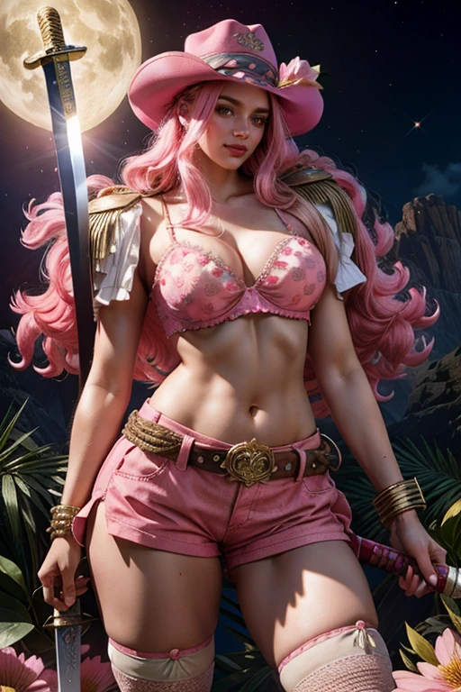 Young woman with long pink hair,large breasts and wide hips,wearing only flowery pink bra and short shorts,white boot,with a pink hat,with a sword sheathed at her waist,the hilt of the sword is golden