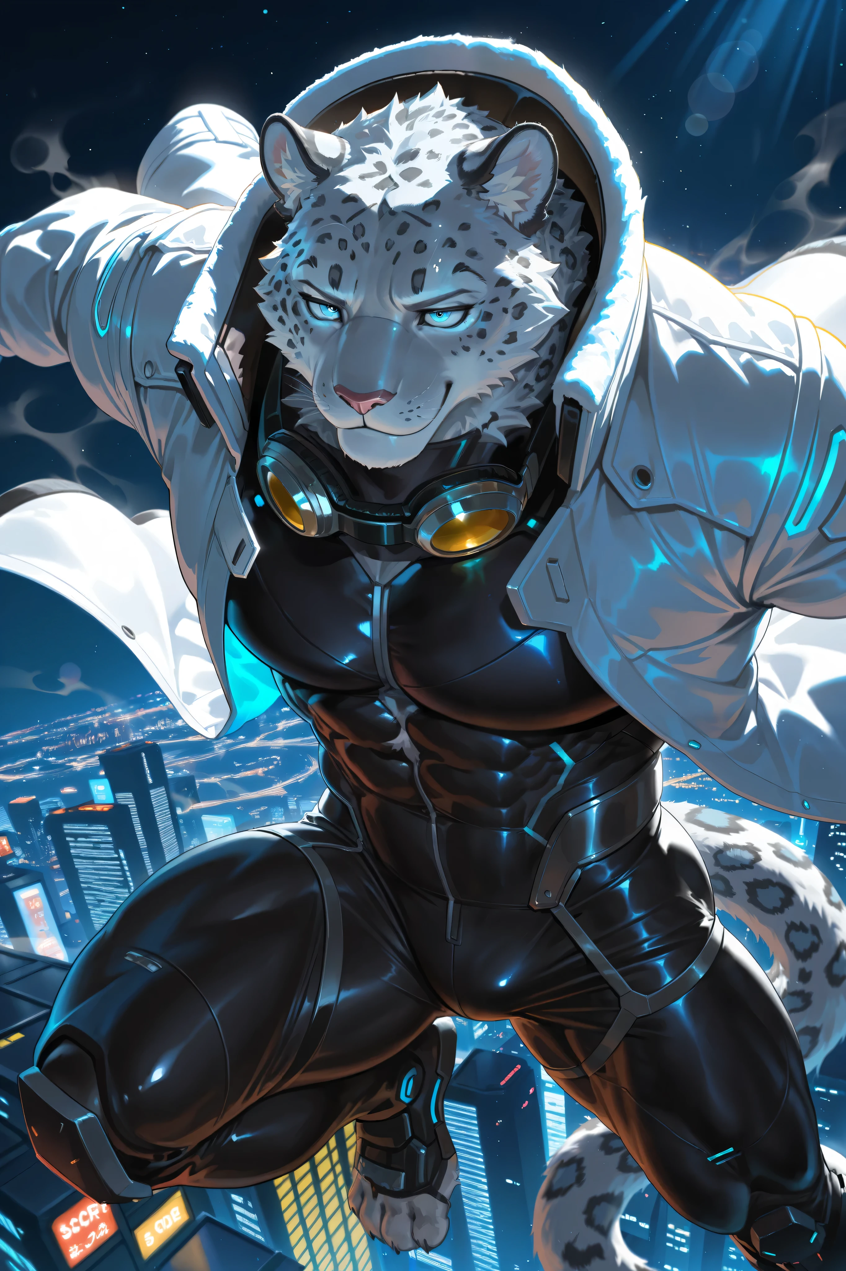 masterpiece,best quality,ultra-detailed,huge filesize,score_9,score_8_up,score_7_up,score_6_up BREAK high saturation,high contrast,very awa,masterpiece,best quality,year 2024,newest,highres,absurdres,(ask\(askzy\):0.6),(ciloranko:0.3),exquisite background
(dramatic lighting:1.3),rim lighting,volumetric lighting,(light rays:1.2),
(steam:1.2),lens flare,light particles,ambient occlusion,
cyberpunk, sci-fi, futuristic,
solo, single person, solo focus, adult male, muscular male, muscular, very big muscles,
furry, anthro furry, snow leopard, white fur, black spots, blue eyes, no hair,
black bodysuit, white coat, goggles,
confident smile, flying pose, dynamic pose,
night sky, cyberpunk city, neon lights, skyscrapers, aerial view, city lights,
volumetric lighting, rim light, dramatic lighting, neon glow,