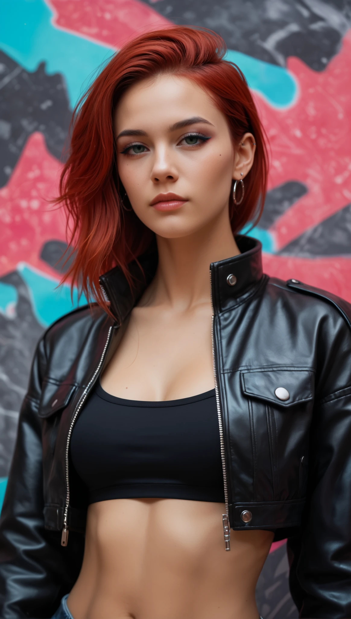 score_9_ up ,  score_8_ up ,  score_7_ up , Abstract,  1 girl, alone, Age 25,  PERFECT FACE IN DETAILS, Close view ,(adult), sexy,Red Hair, stares at viewers, leather jacket, black crop top,  cyberpunk, portrait photo, beautiful eyes, cowboy shot,  cyberpunk art, portrait,( background is an abstract graffitied wall:1.3), is written in depth
