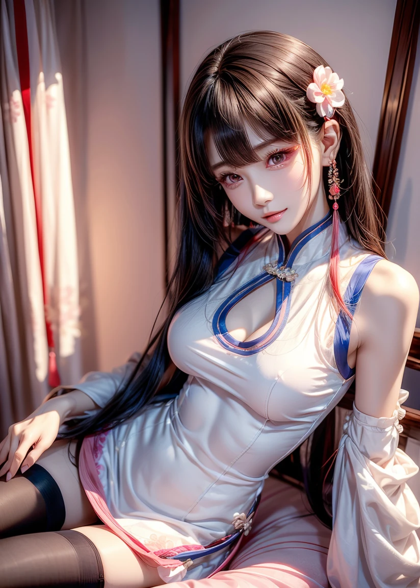(((完美figure,figure,solo, White and tender skin,(((Cyberpunk,qipao, china dress, chinese clothes, sleeveless, bare shoulders,))),(((shaosiming,hair ornament, purple hair, very long hair, blunt bangs, hair rings,))),((masterpiece)),high resolution, ((Best quality at best)),masterpiece,quality,Best quality,((( Exquisite facial features,Looking at the audience,There is light in the eyes,(((Smile,confidence))),型figure:1.7))),(((Light and shadow,Huge breasts))),(((Looking at the camera,black background,))))