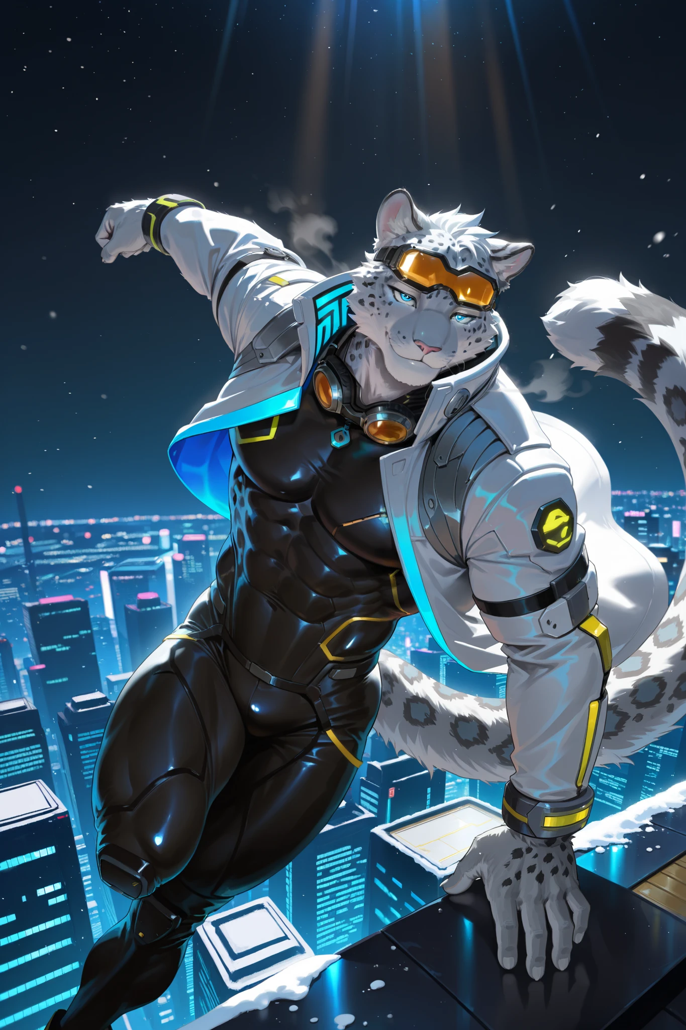 masterpiece,best quality,ultra-detailed,huge filesize,score_9,score_8_up,score_7_up,score_6_up BREAK high saturation,high contrast,very awa,masterpiece,best quality,year 2024,newest,highres,absurdres,(ask\(askzy\):0.6),(ciloranko:0.3),exquisite background
(dramatic lighting:1.3),rim lighting,volumetric lighting,(light rays:1.2),
(steam:1.2),lens flare,light particles,ambient occlusion,
cyberpunk, sci-fi, futuristic,
solo, single person, solo focus, adult male, muscular male, muscular, very big muscles,
furry, anthro furry, snow leopard, white fur, black spots, blue eyes, no hair,
black bodysuit, white coat, goggles,
confident smile, flying pose, dynamic pose,
night sky, cyberpunk city, neon lights, skyscrapers, aerial view, city lights,
volumetric lighting, rim light, dramatic lighting, neon glow,