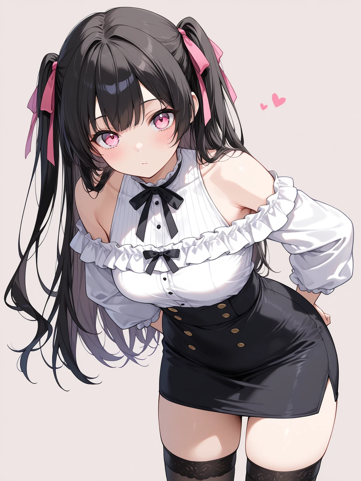 One girl, Black Hair, Twin tails, Very long hair, Bangs, Large Breasts, Blushing, Pink eyes, Slanted Eyes, Shy, I want to cry, Frowning, Pink ribbon, Young,Pink underwear,Panty shot