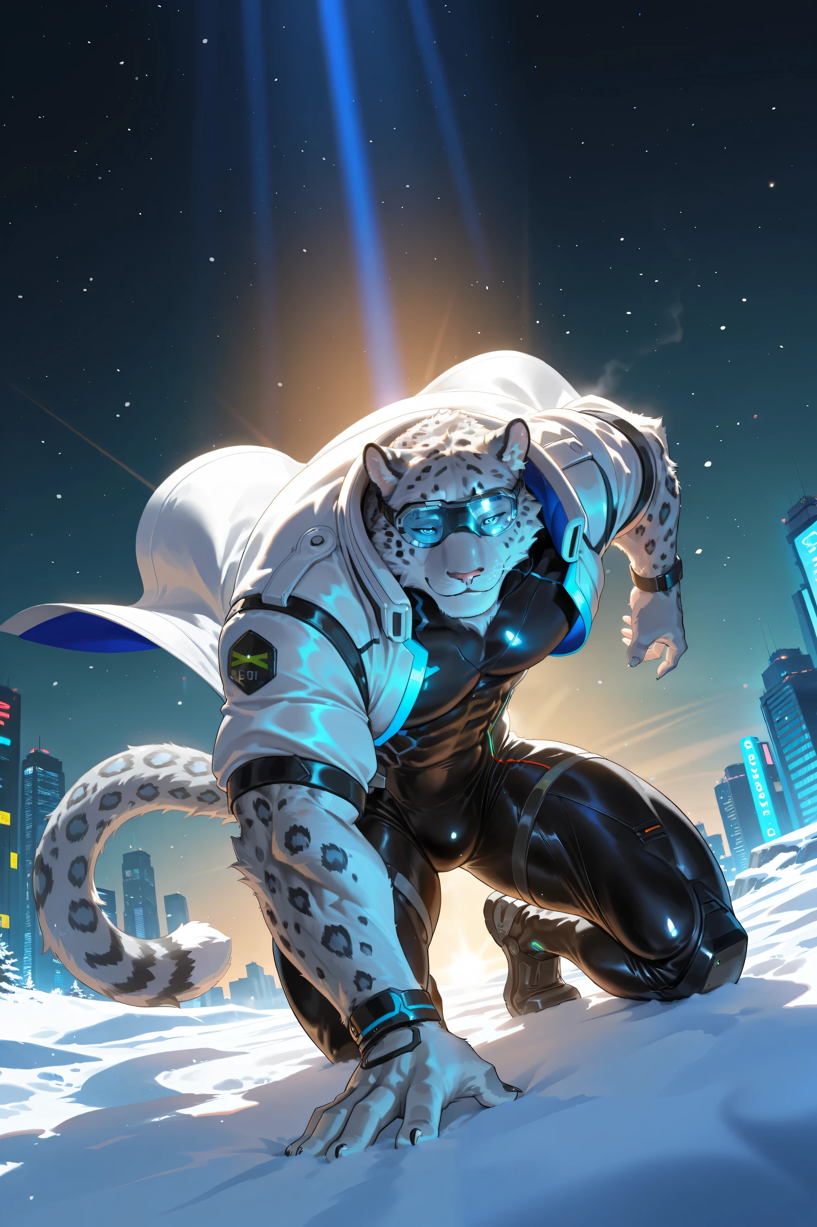 masterpiece,best quality,ultra-detailed,huge filesize,score_9,score_8_up,score_7_up,score_6_up BREAK high saturation,high contrast,very awa,masterpiece,best quality,year 2024,newest,highres,absurdres,(ask\(askzy\):0.6),(ciloranko:0.3),exquisite background
(dramatic lighting:1.3),rim lighting,volumetric lighting,(light rays:1.2),
(steam:1.2),lens flare,light particles,ambient occlusion,
cyberpunk, sci-fi, futuristic,
solo, single person, solo focus, adult male, muscular male, muscular, very big muscles,
furry, anthro furry, snow leopard, white fur, black spots, blue eyes, no hair,
black bodysuit, white coat, goggles,
confident smile, flying pose, dynamic pose,
night sky, cyberpunk city, neon lights, skyscrapers, aerial view, city lights,
volumetric lighting, rim light, dramatic lighting, neon glow,