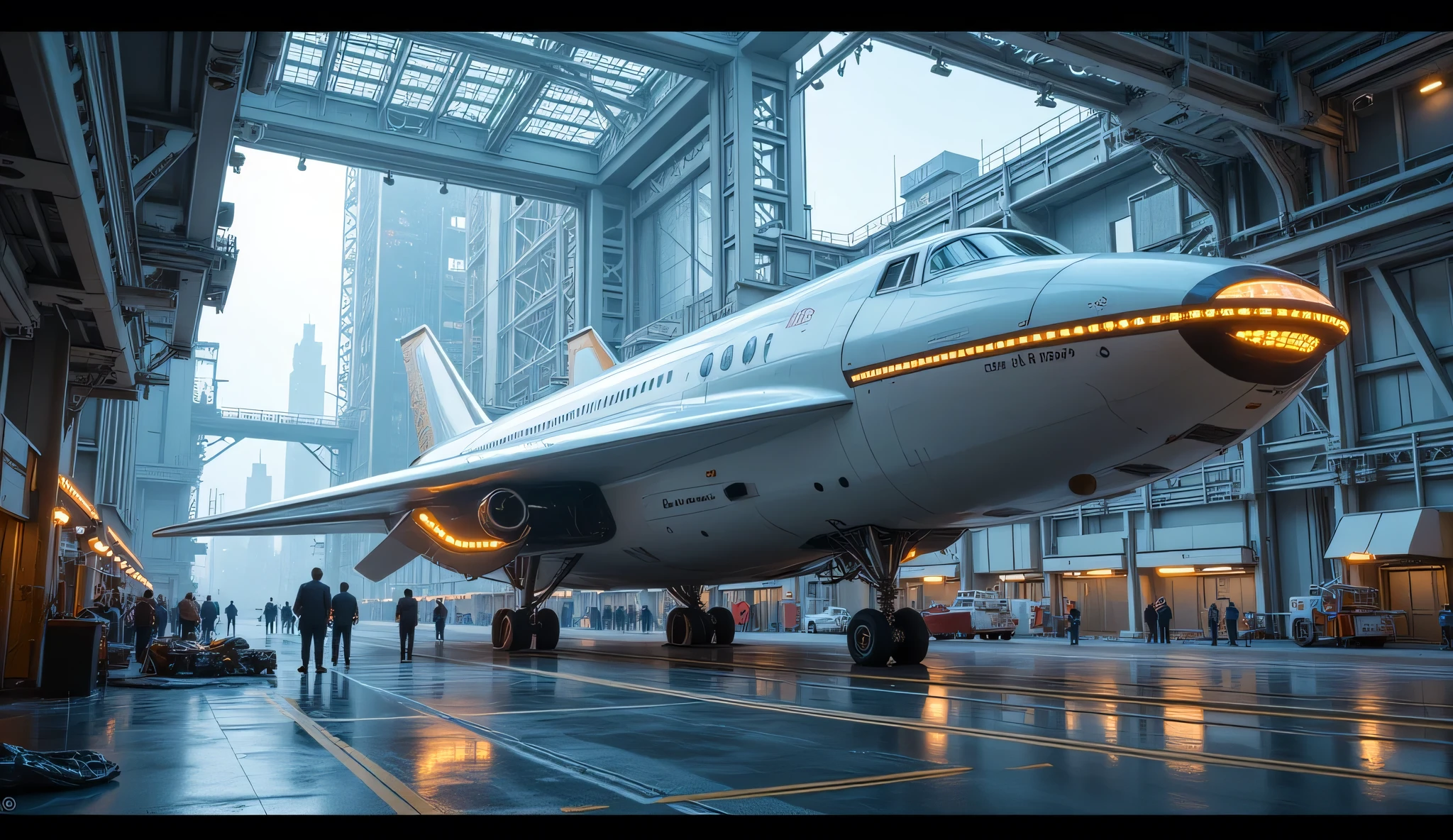  cool blue-gray tones with golden-bronze highlights ,  soft ambient lighting ,  reminiscent of early dawn .  The futuristic spaceport is huge ,  glow with towering metal structures ,  on his shoulder, huge glass domes ,  revealing the starry sky ,  and the engines pulsate with soft blue with the sprawling launch platforms .  Polished metal floors are equipped with holographic indicators ,  lanes guiding personnel and autonomous service drones .  A massive white spacecraft with a sleek aerodynamic design and illuminated silver accents dominates the background.  The ship's surface has glowing LED ,  running along his body ,  with , preparing for the flight .  The complex details of futuristic architecture are clearly visible in the foreground on all elements of the spaceport .  The main characters are visible against the background of the spaceport .  The background is detailed and in full focus . Panorama to the right of the spacecraft. Full overall plan.  Perspective from the bottom up .