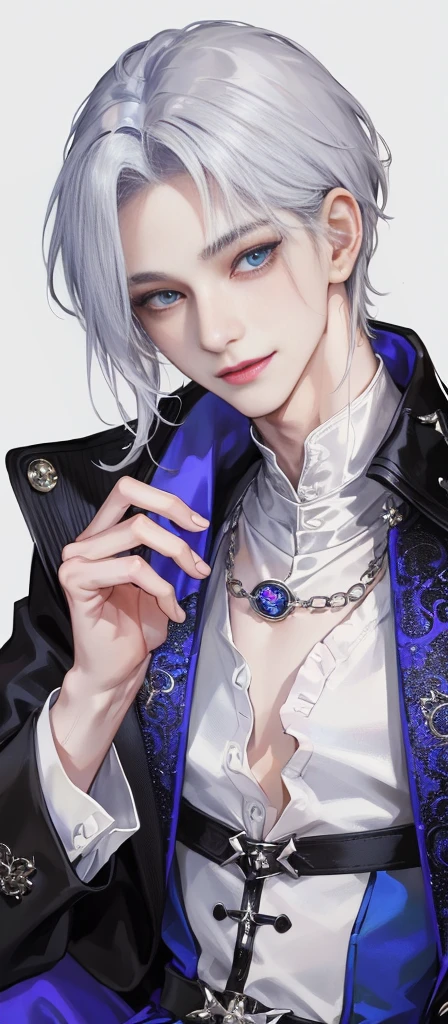 boy, Michael Kaiser, handsome men, dashing, beautiful eyes, white and blue hair, blue rose tattoo on his neck, realistic, ultra detail, 70mm lens,